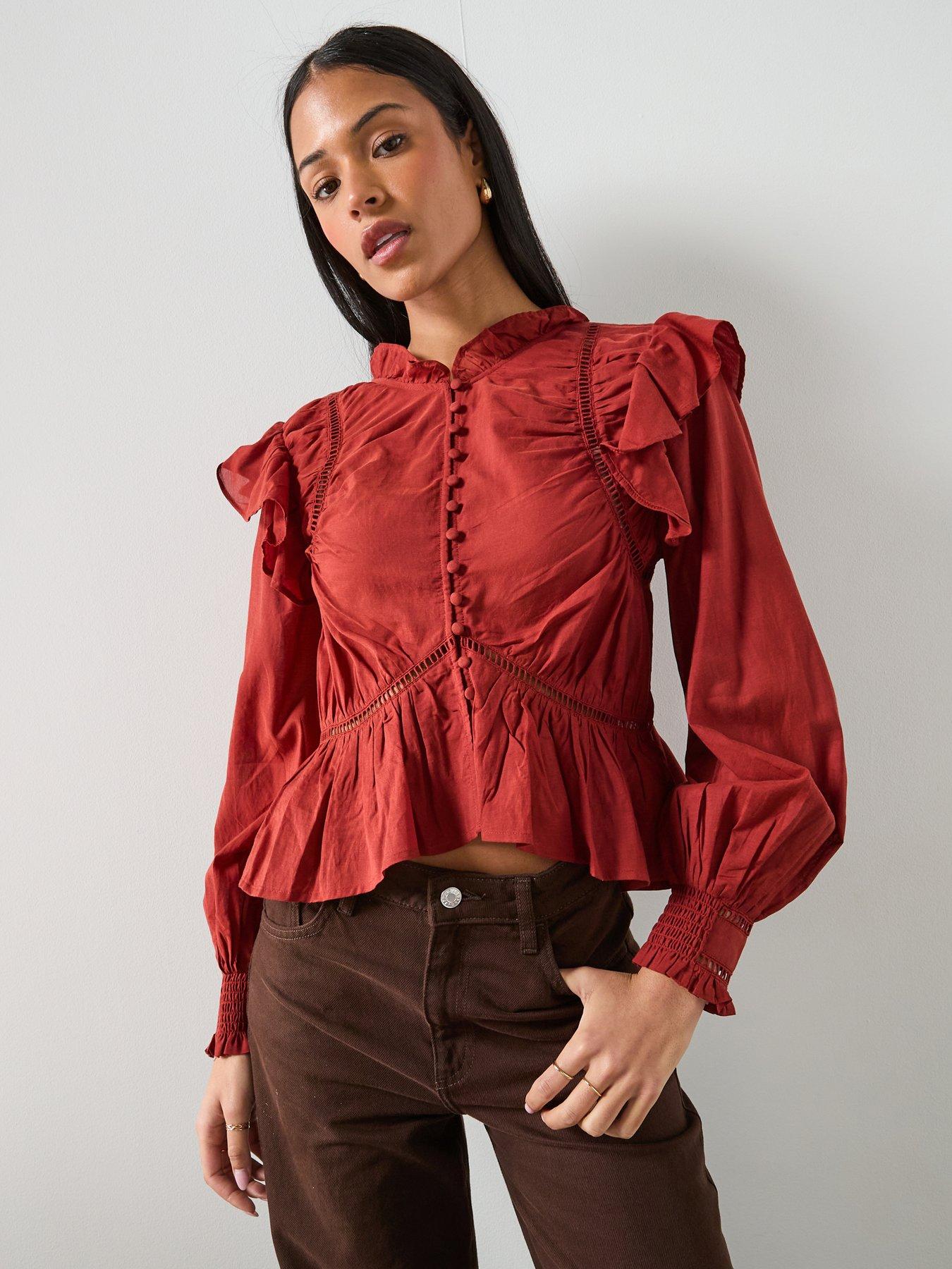 AllSaints: Lima Long Sleeve Ruffle Peplum Top - Paprika Red