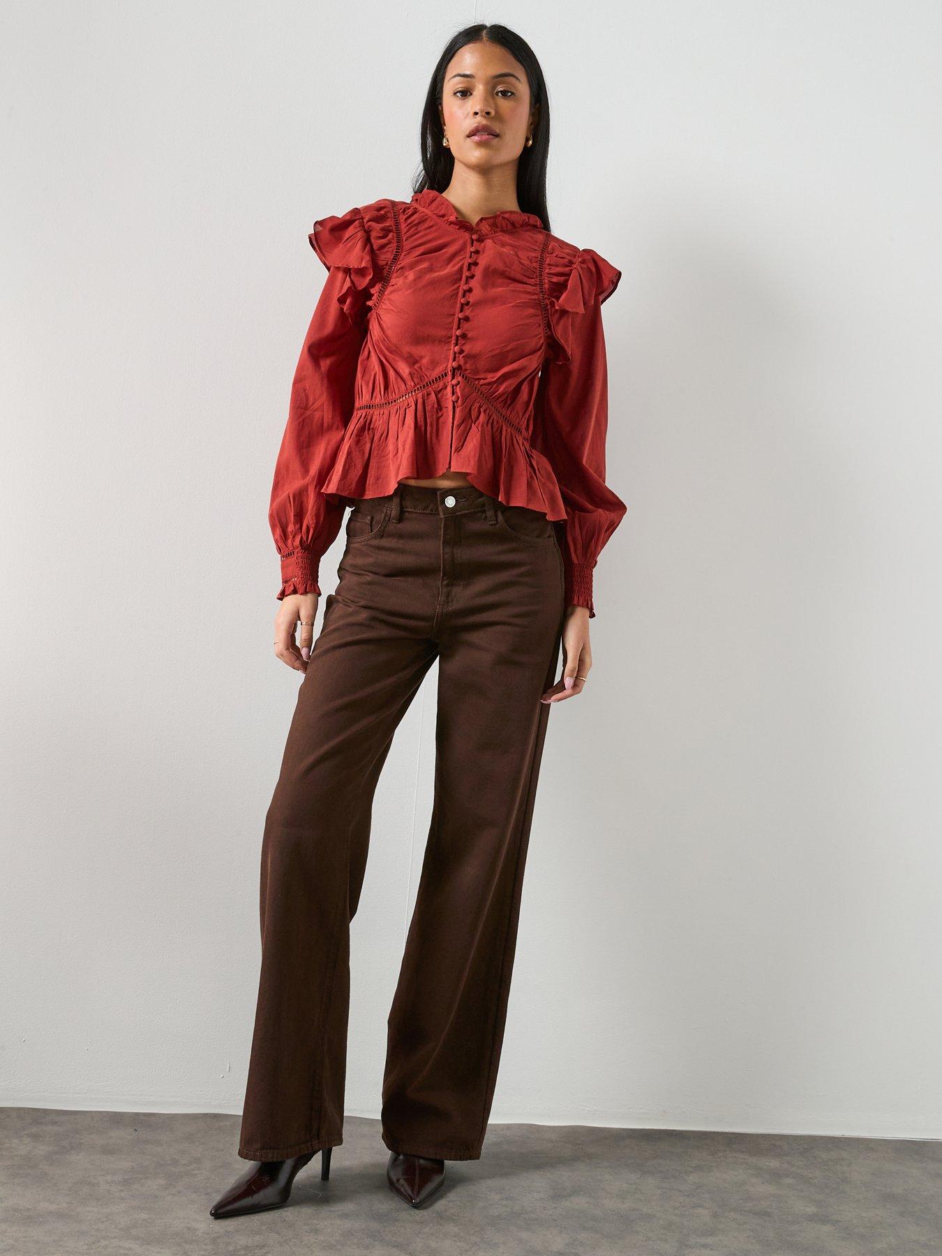 AllSaints Lima Long Sleeve Ruffle Peplum Top - Paprika Red | Very