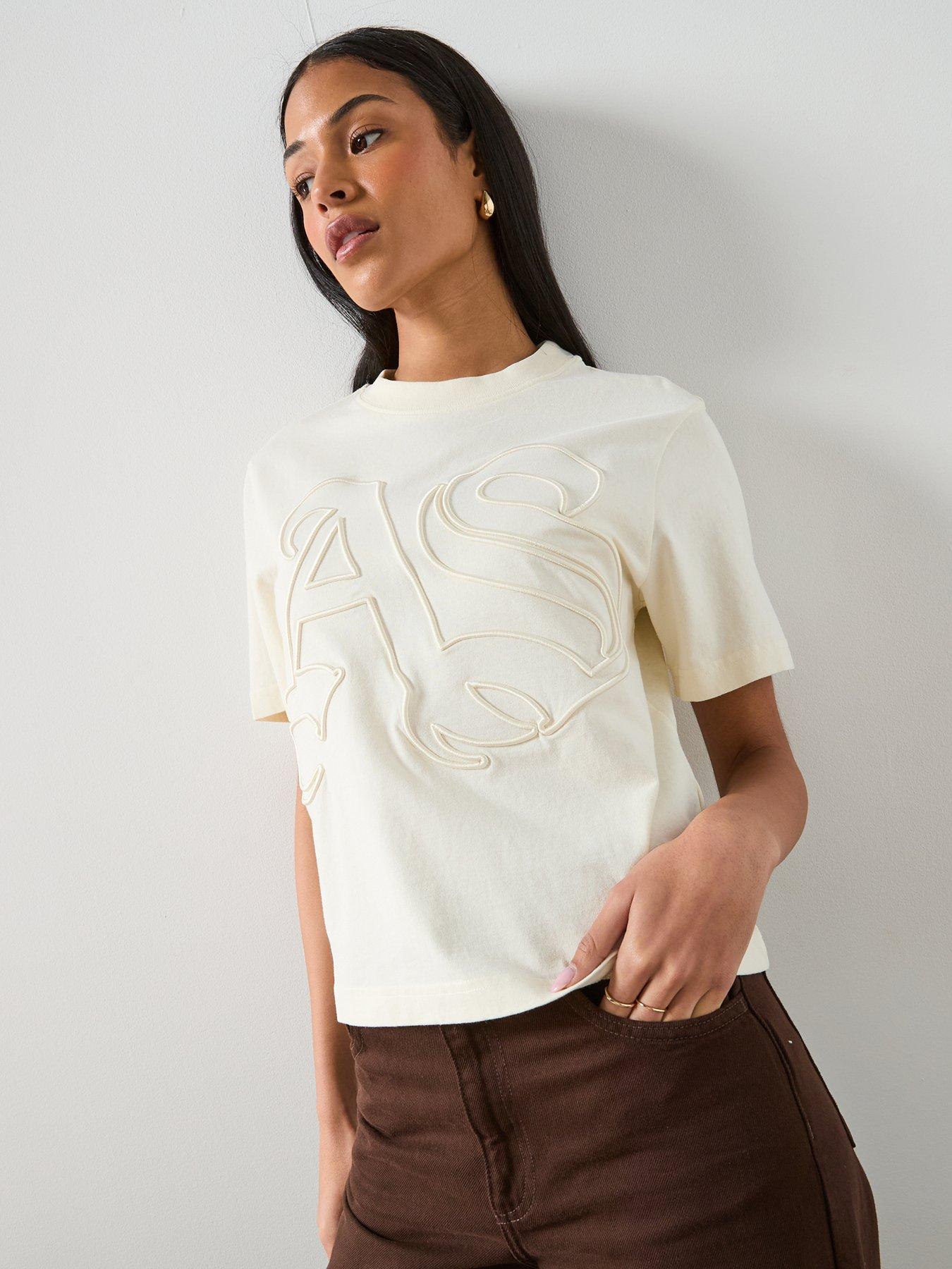 Image 1 of 6 of AllSaints Lisa Embossed Crew Neck T-Shirt - Pebble White