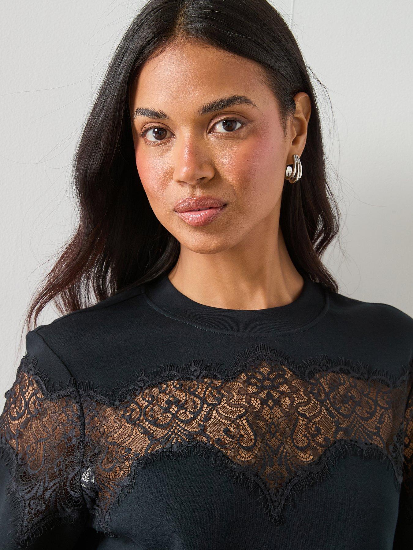 Image 4 of 6 of AllSaints Lisa Short Sleeve Lace T-Shirt - Black