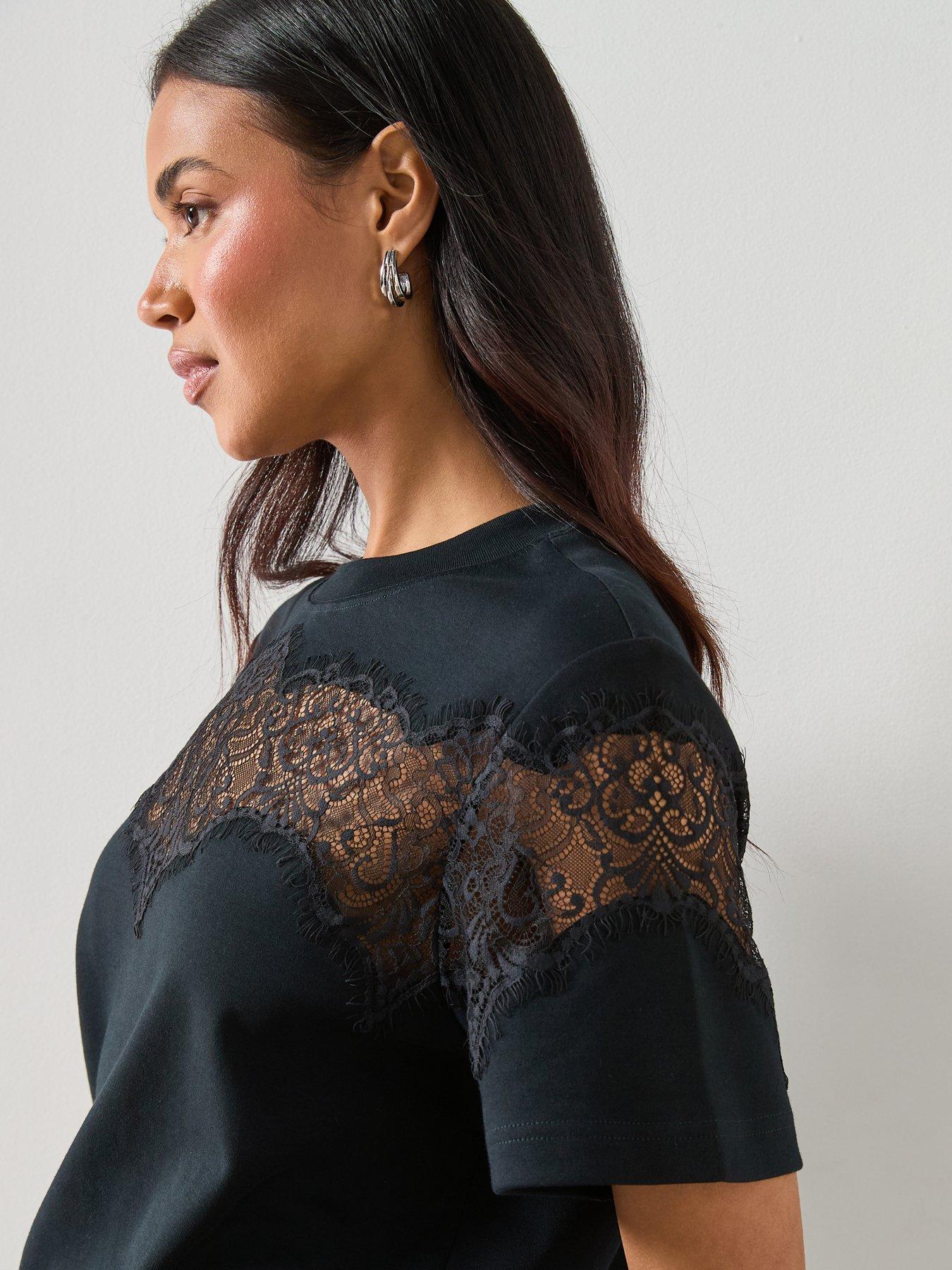 Image 5 of 6 of AllSaints Lisa Short Sleeve Lace T-Shirt - Black