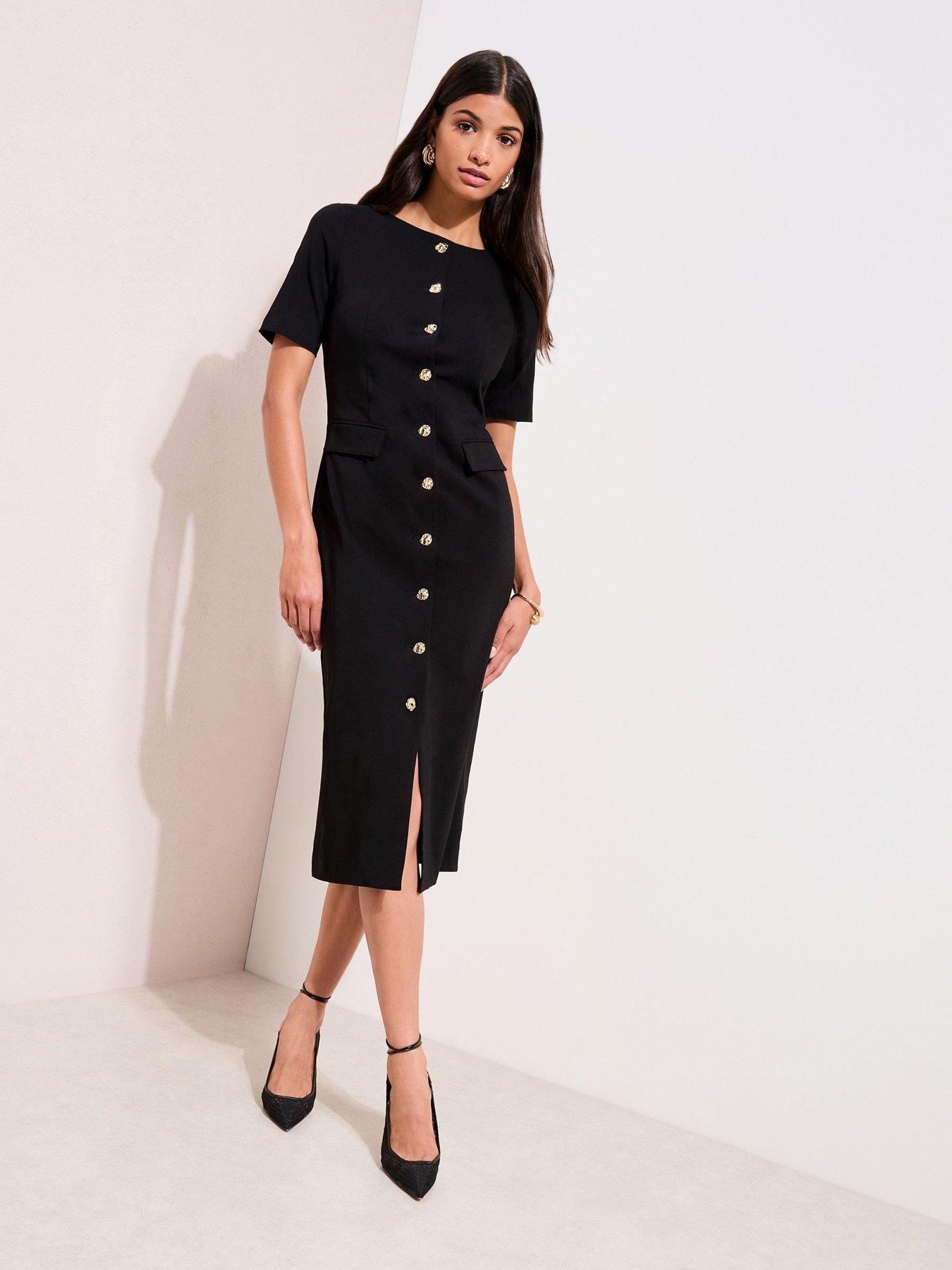 Friends Like These Sculptured Stretch Button Utility Midi Dress - Black