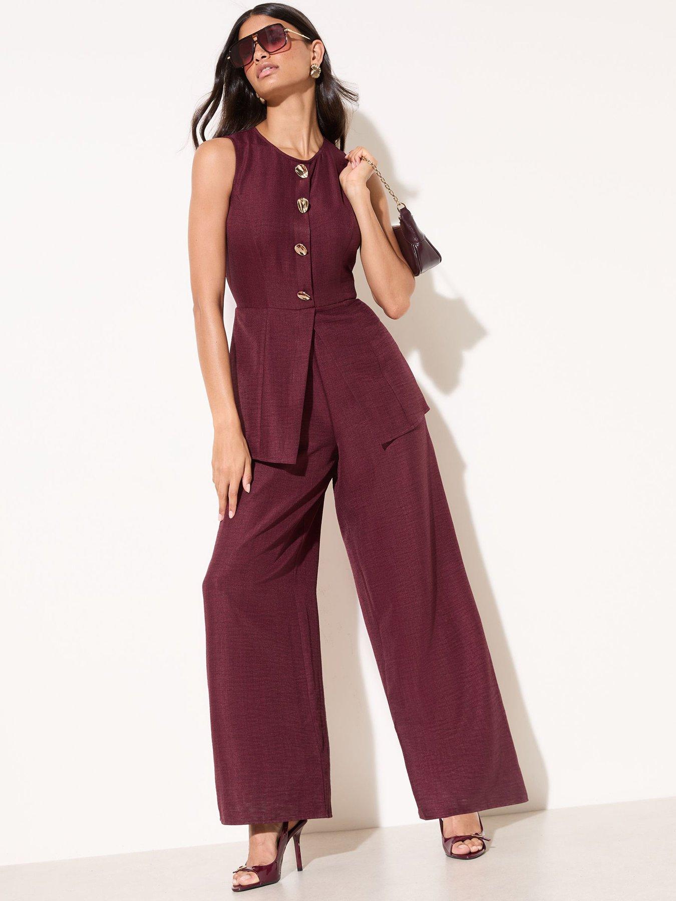 Friends Like These Button Peplum Waistcoat Jumpsuits - Brown