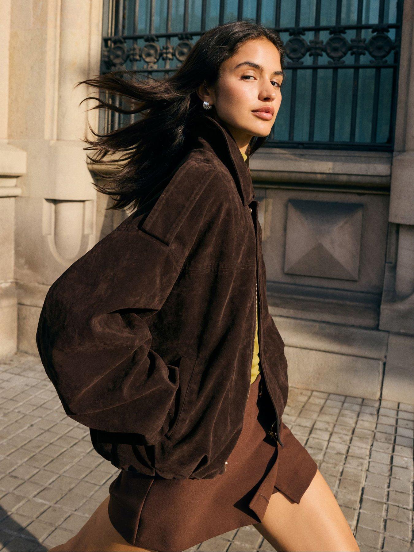 Image 1 of 4 of Friends Like These Faux Suede Oversize Bomber Jacket - Brown