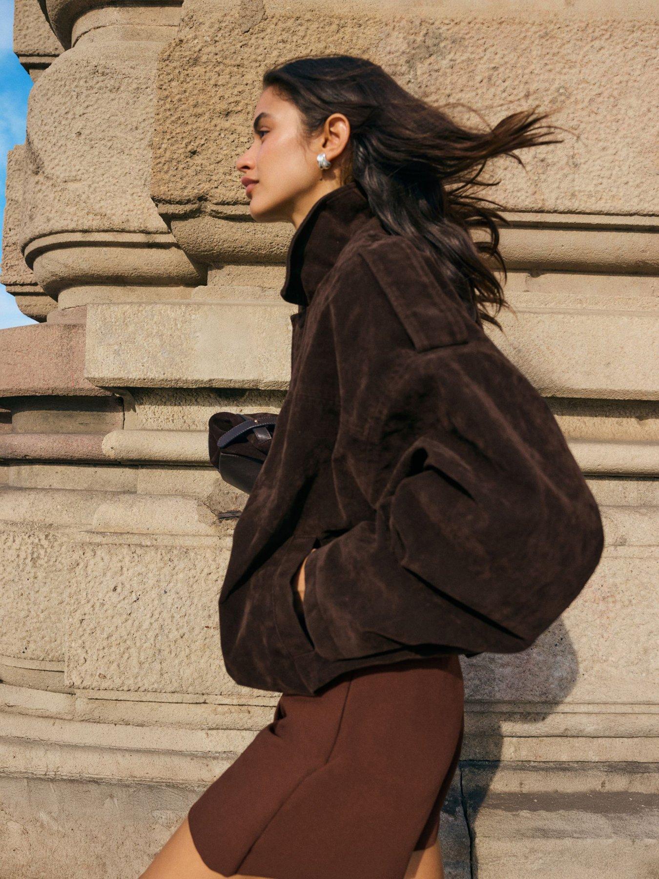 Image 2 of 4 of Friends Like These Faux Suede Oversize Bomber Jacket - Brown