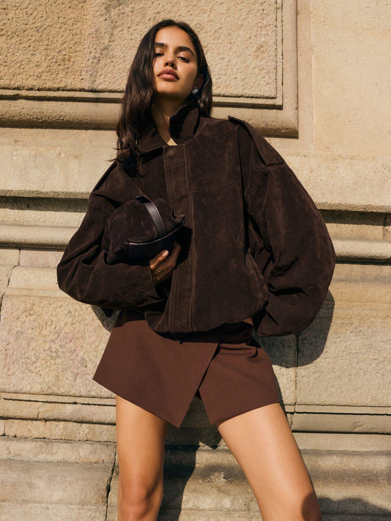 Image 3 of 4 of Friends Like These Faux Suede Oversize Bomber Jacket - Brown
