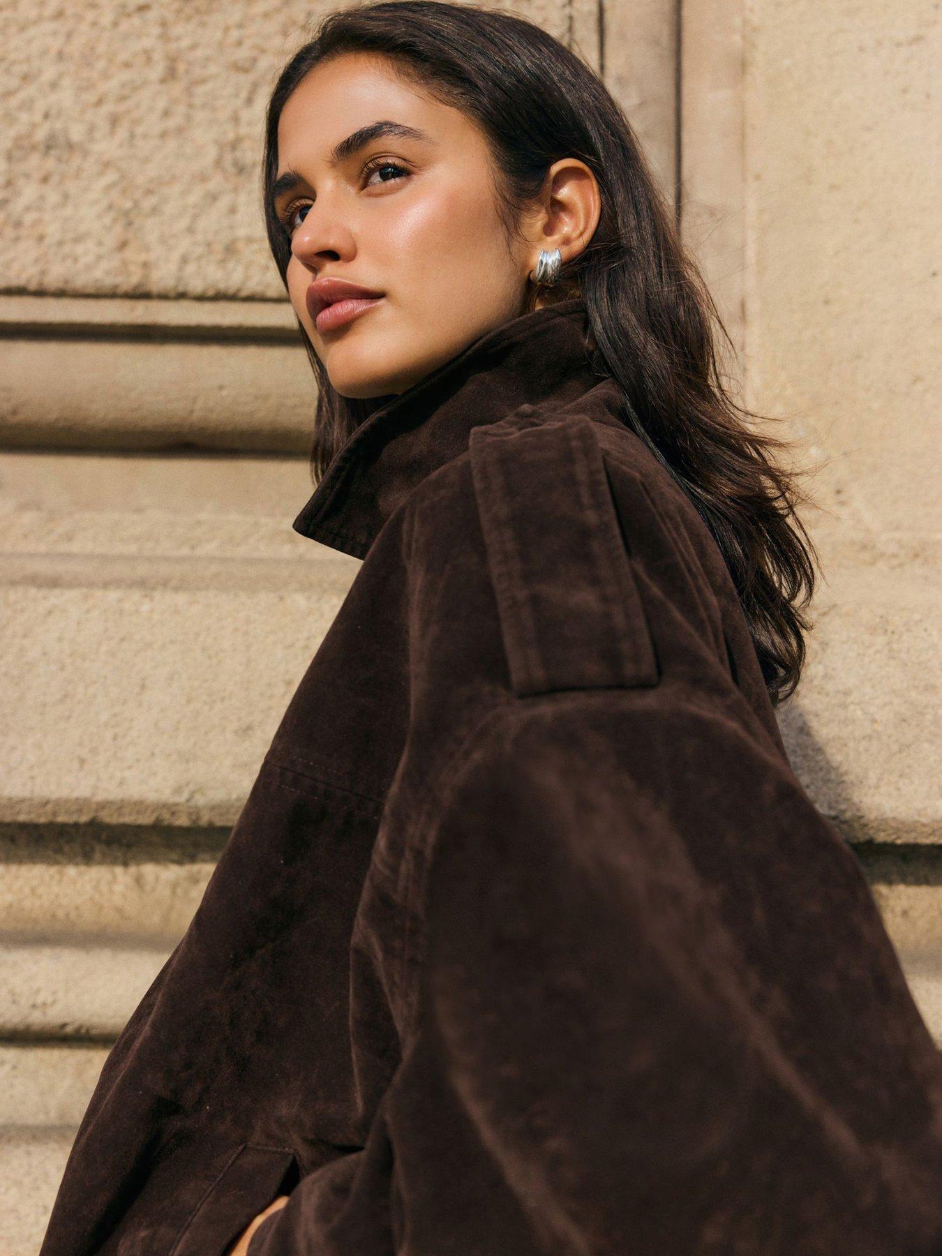 Image 4 of 4 of Friends Like These Faux Suede Oversize Bomber Jacket - Brown