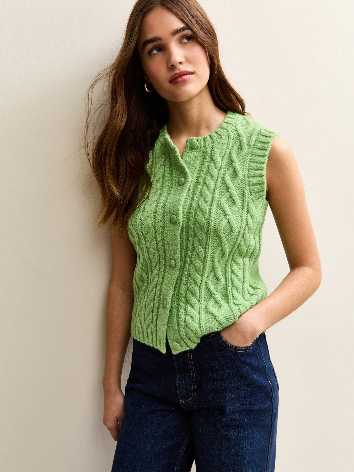 New Look Crew Neck Cable Knit Waistcoat - Green