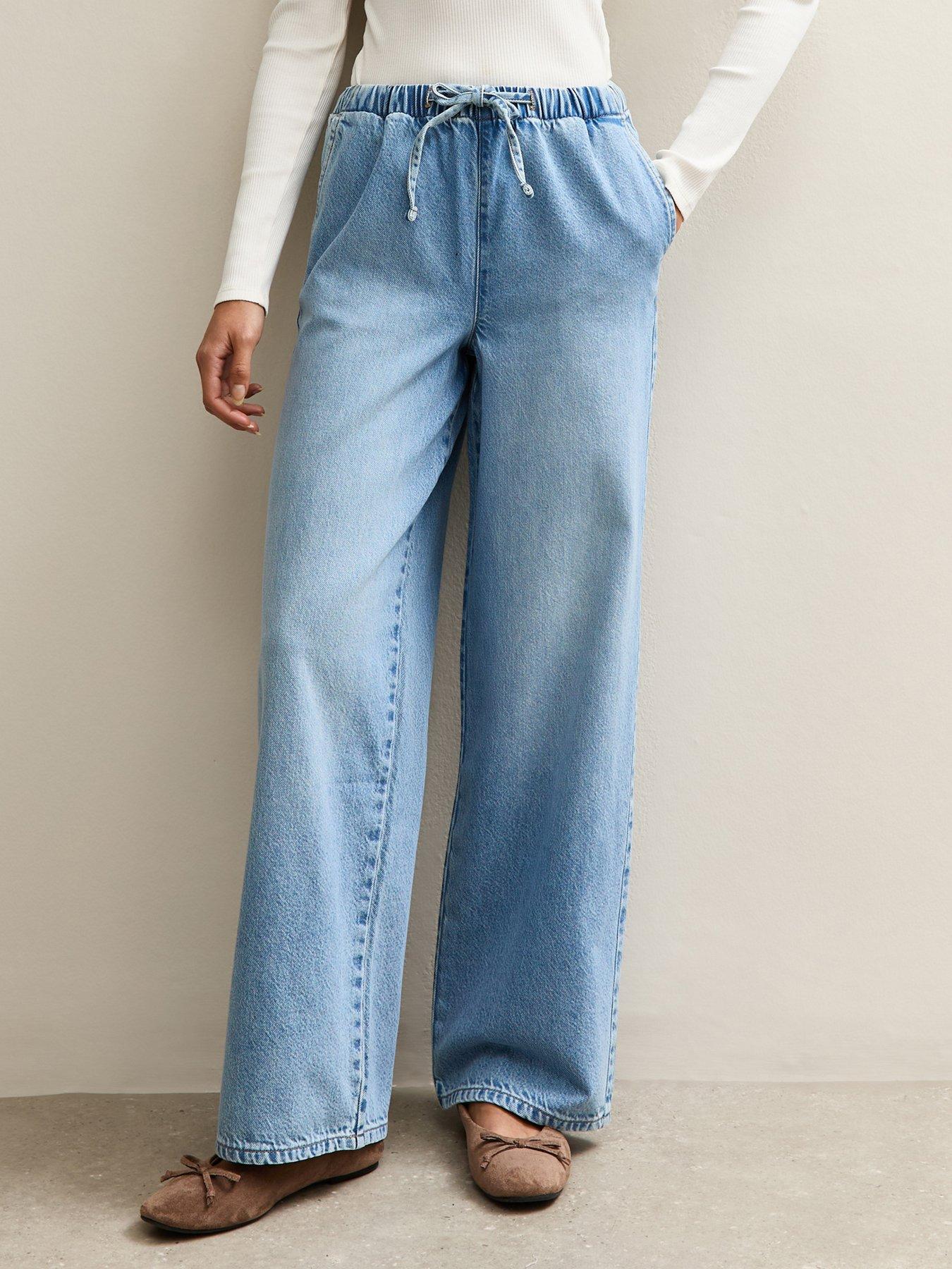New Look Denim Wide Leg Drawstring Waist Jeans - Light Blue