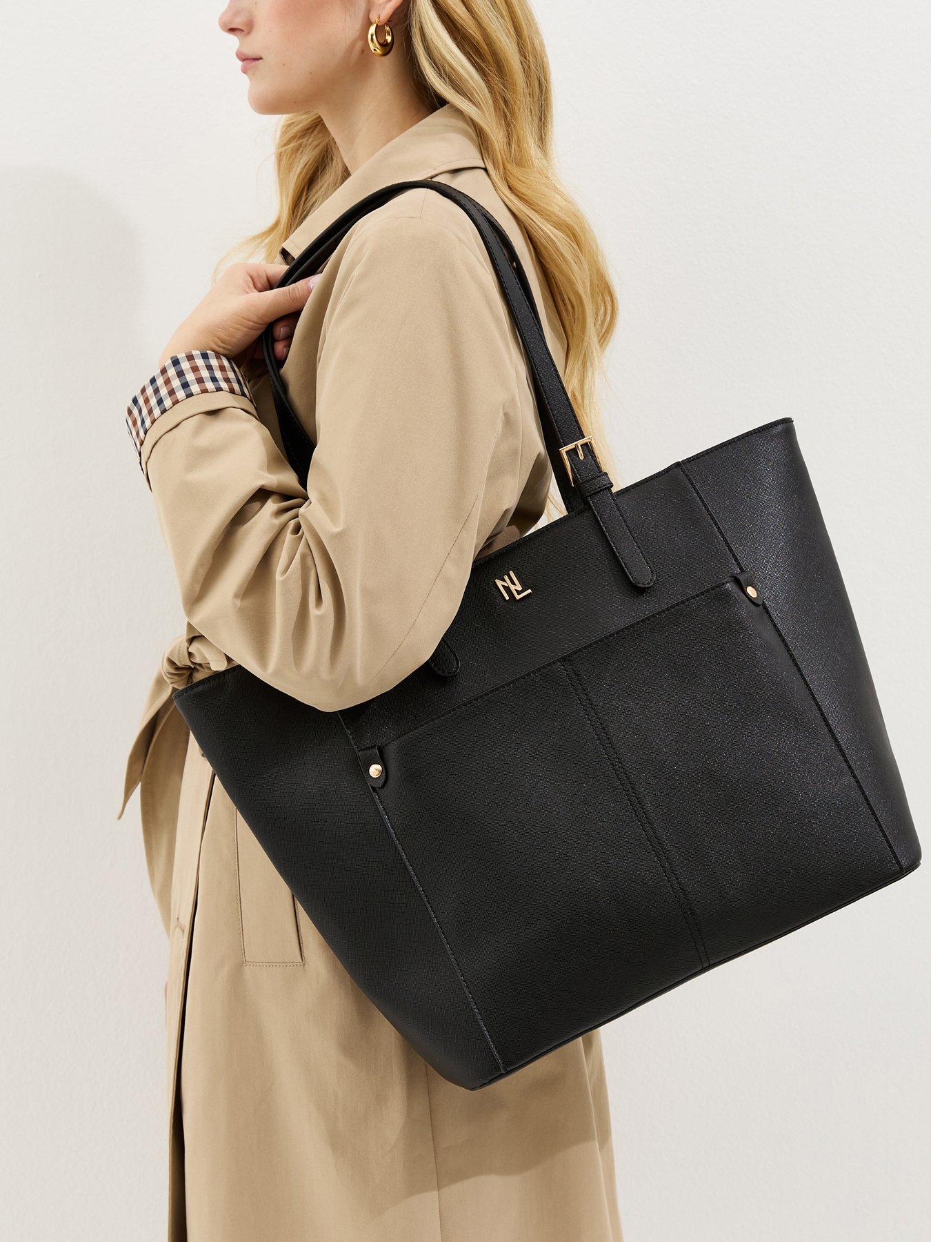 Image 1 of 5 of New Look Textured Faux Leather Logo Tote Bag - Black