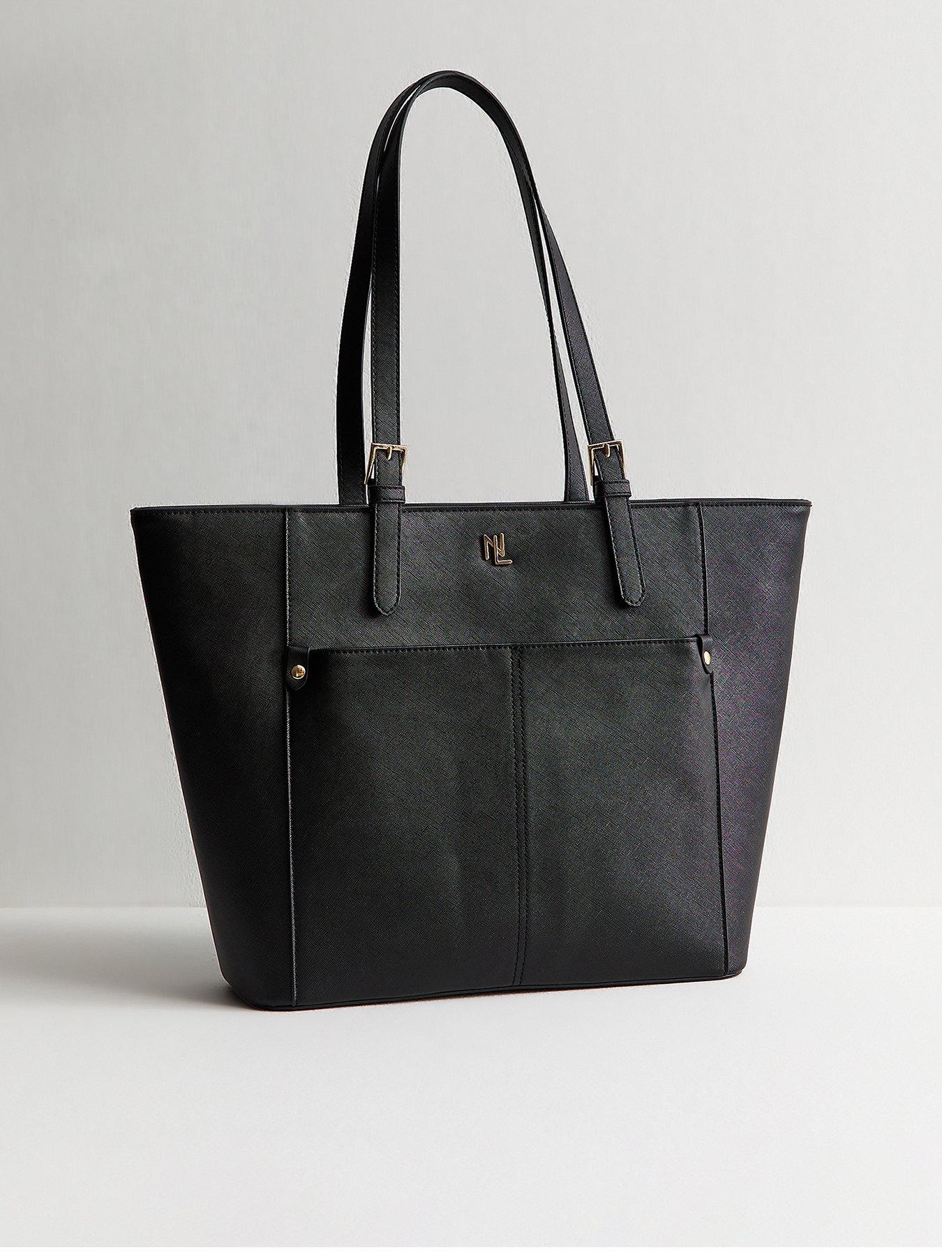 New Look Textured Faux Leather Logo Tote Bag - Black