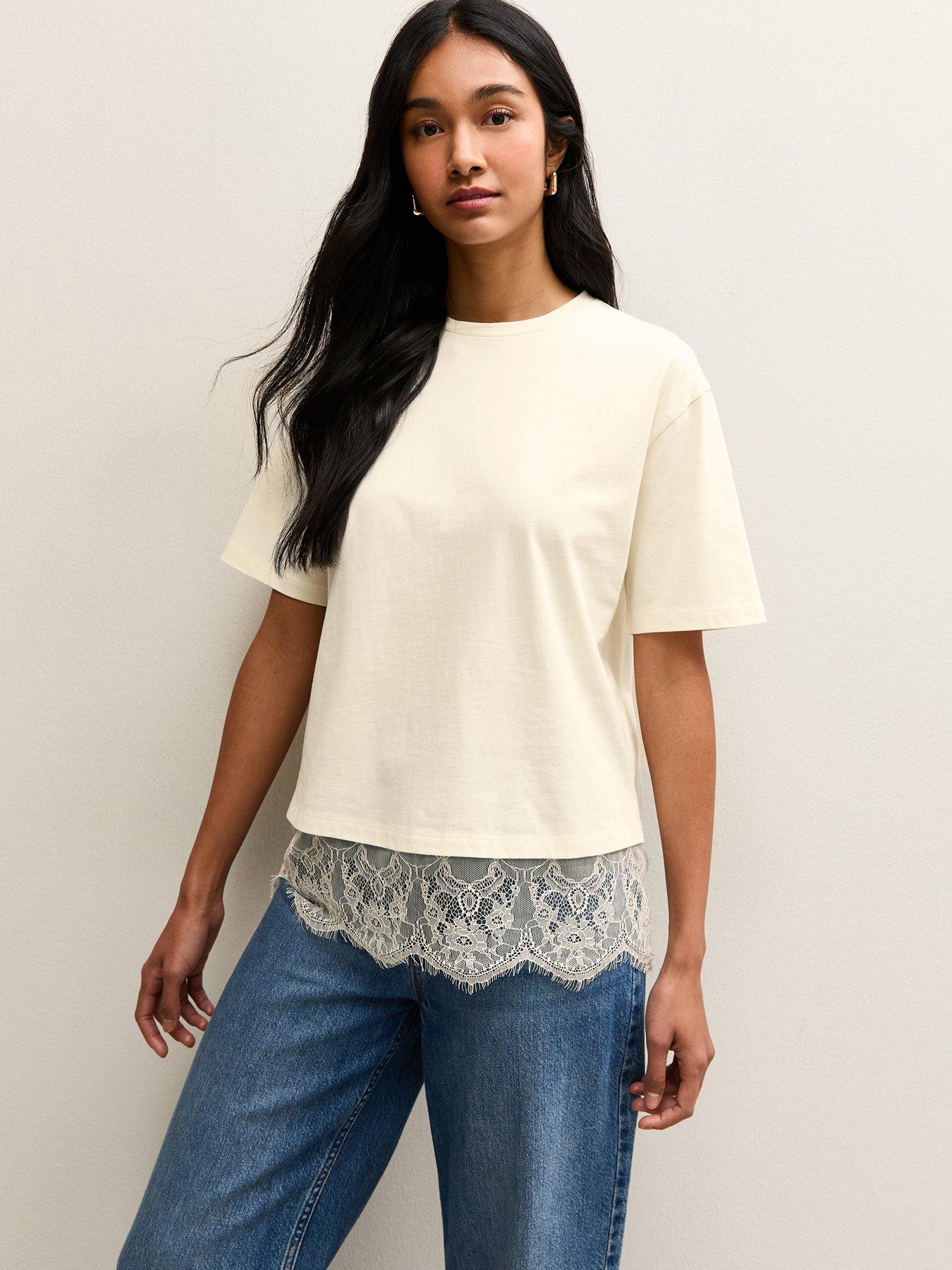 New Look White Lace Hem Boxy Top - Cream