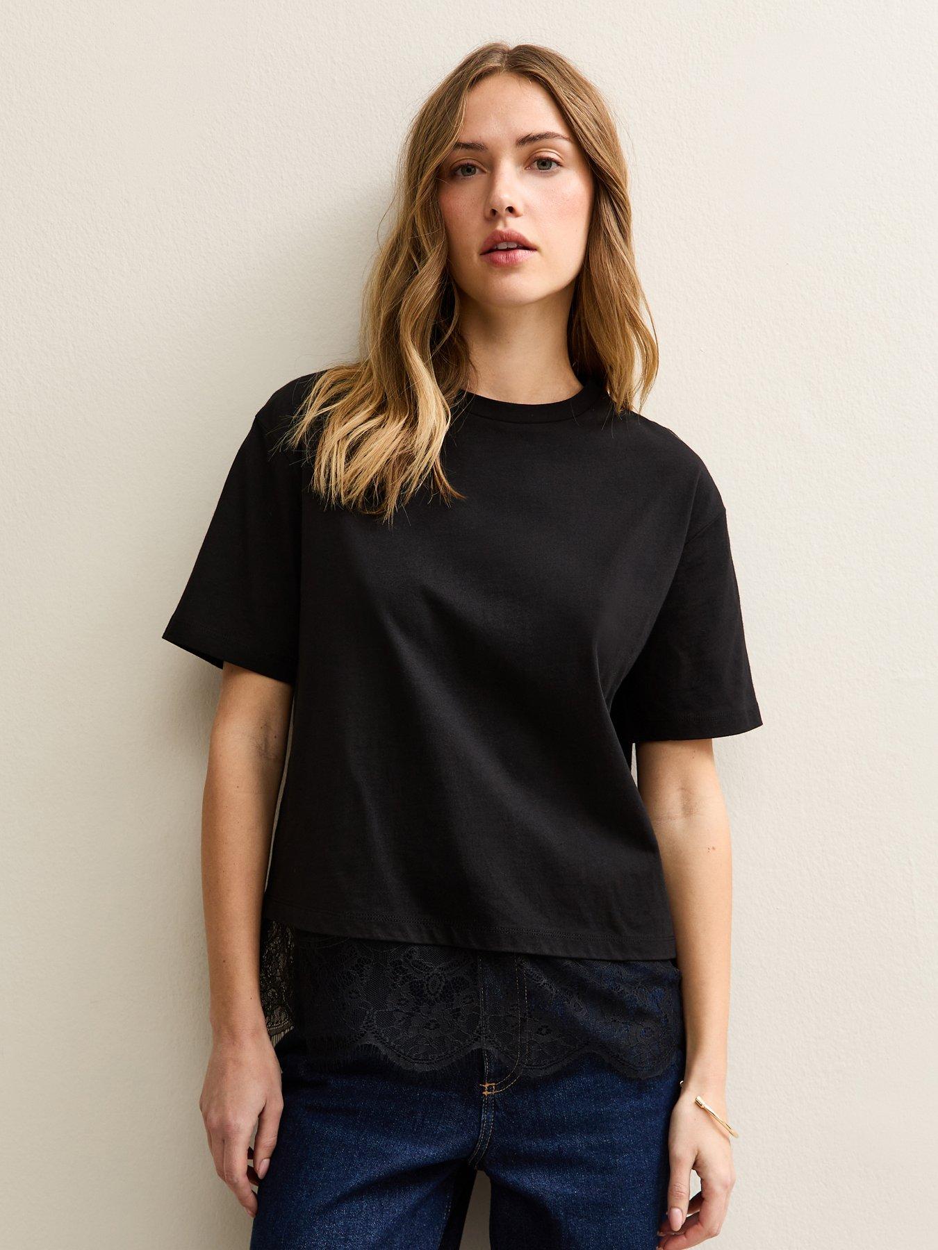 Image 1 of 5 of New Look Lace Hem Boxy Top - Black