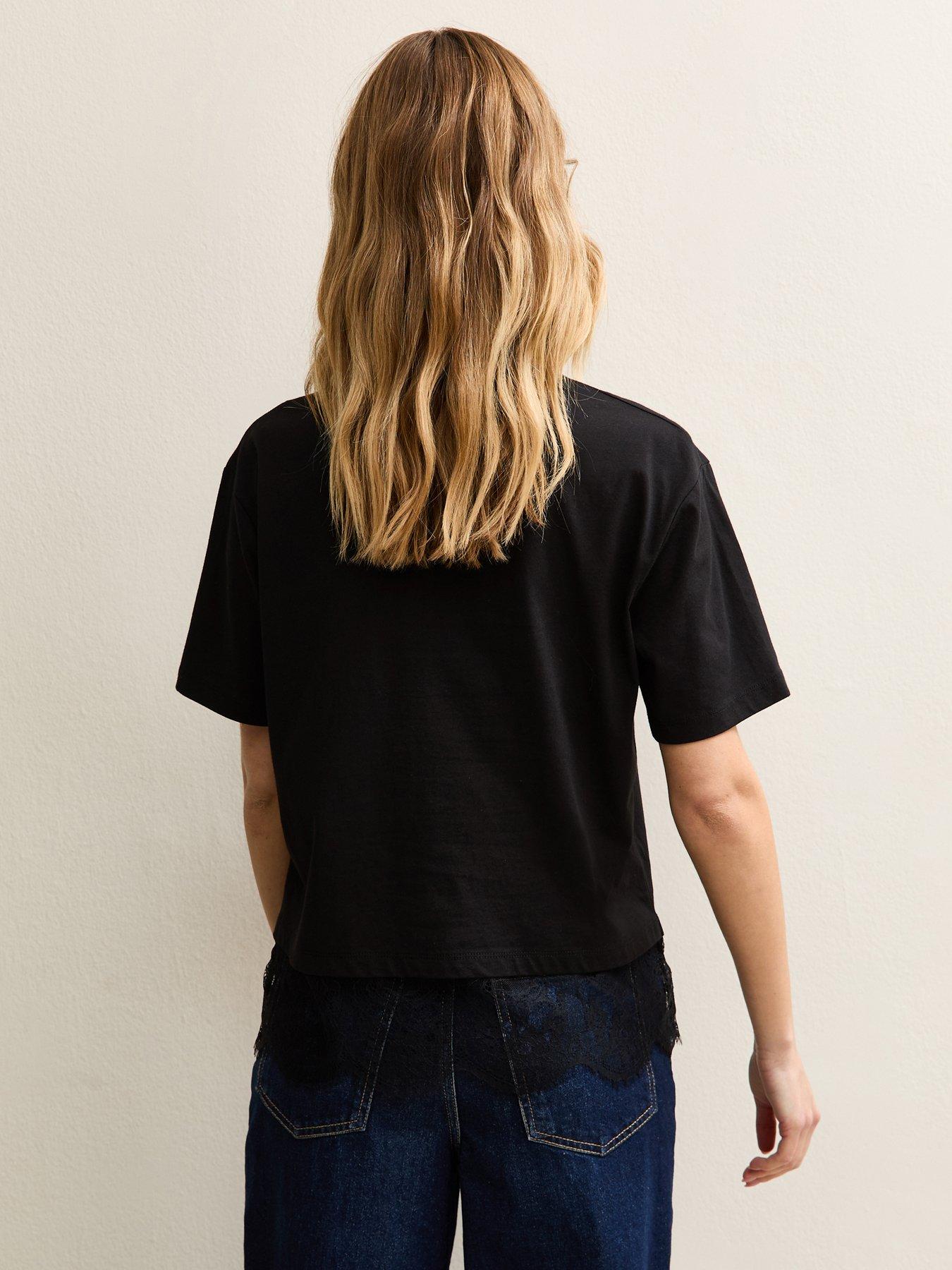 Image 2 of 5 of New Look Lace Hem Boxy Top - Black