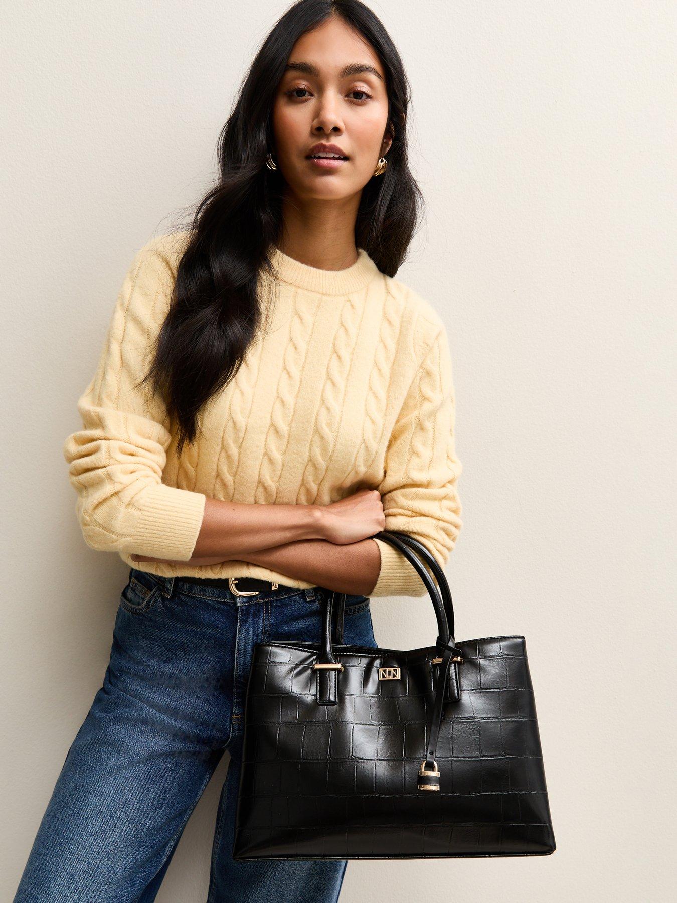 New Look Faux Leather Croc Embossed Triple Compartment Tote Bag - Black