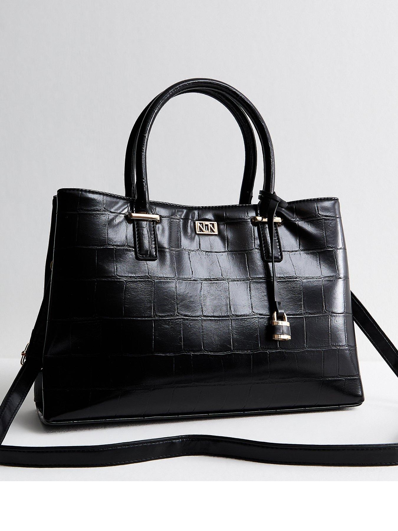 New Look Faux Leather Croc Embossed Triple Compartment Tote Bag - Black