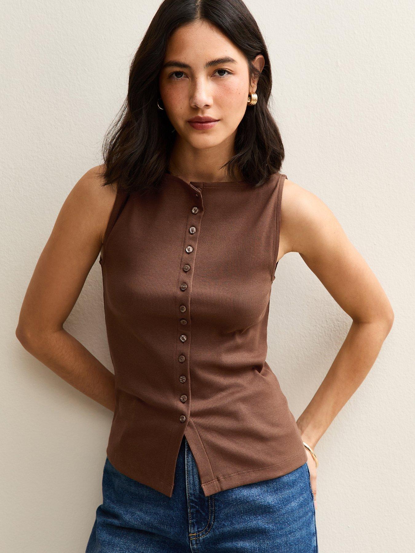 New Look Button Through Tank Top - Brown