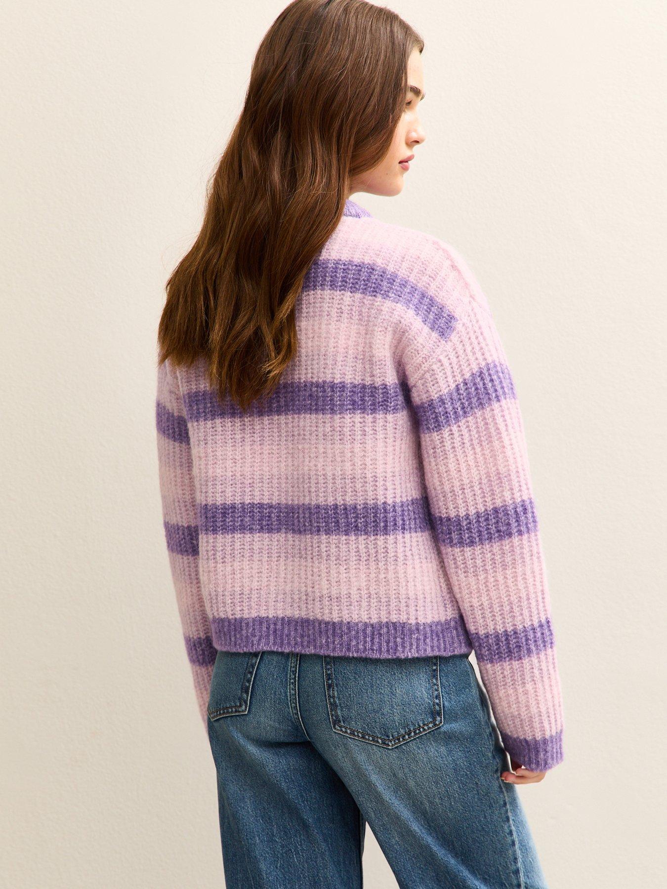 Image 2 of 5 of New Look Light Purple Stitchy Stripe Knit Cardigan