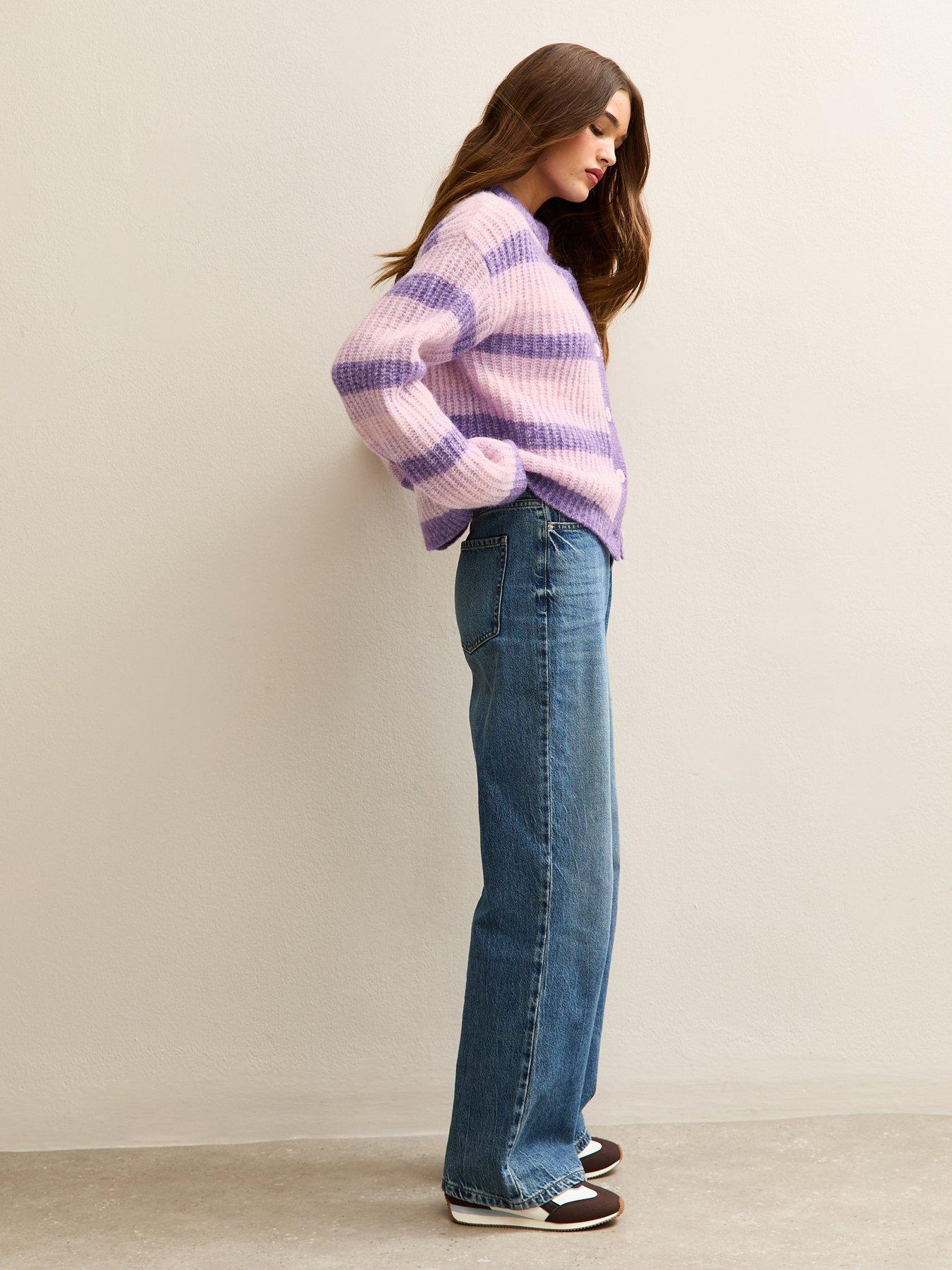 Image 3 of 5 of New Look Light Purple Stitchy Stripe Knit Cardigan