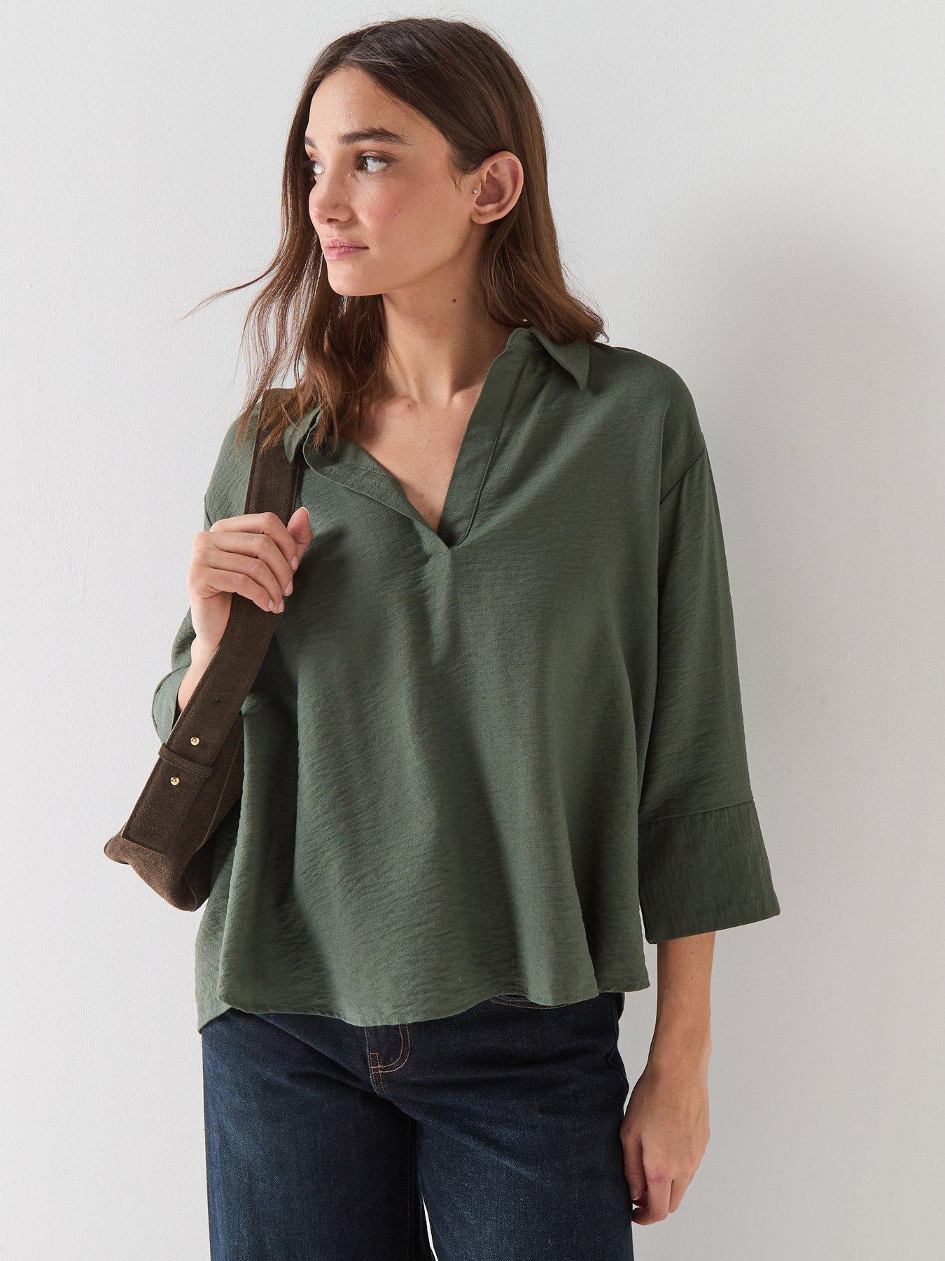 JDY 3/4 Sleeve V-Neck Collar Blouse - Green