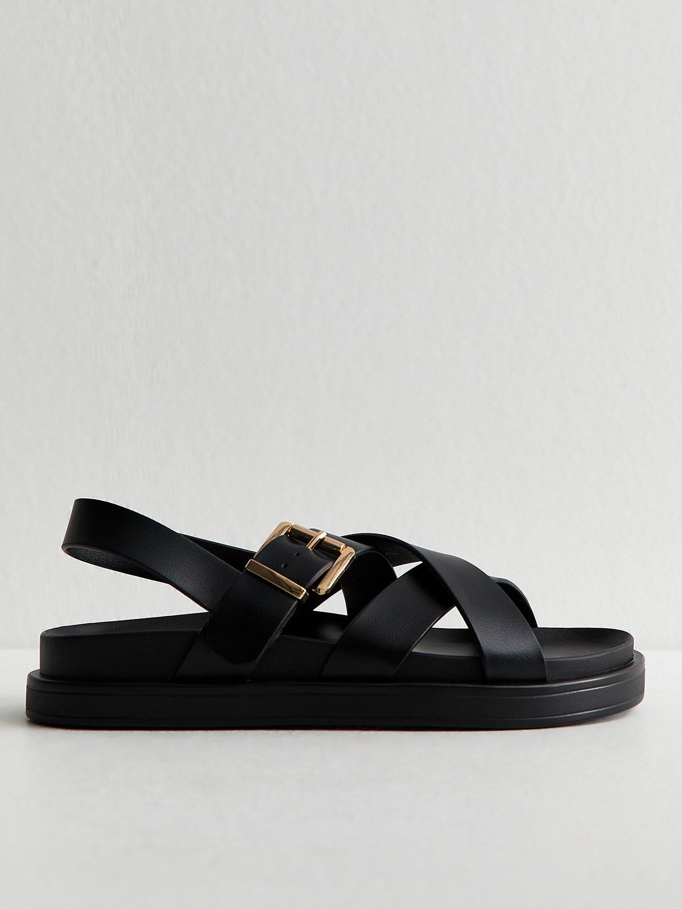 Image 1 of 5 of New Look Faux Leather Multi Strap Chunky Flat Sandals - Black