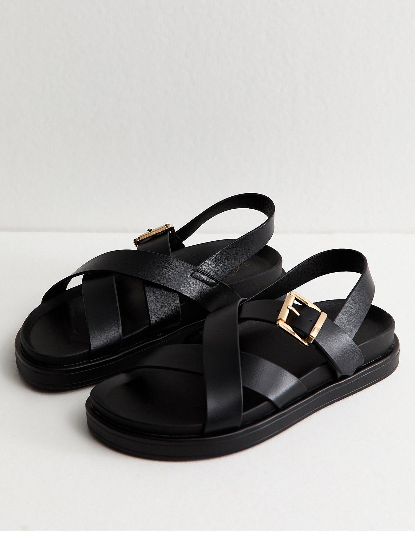 Image 2 of 5 of New Look Faux Leather Multi Strap Chunky Flat Sandals - Black