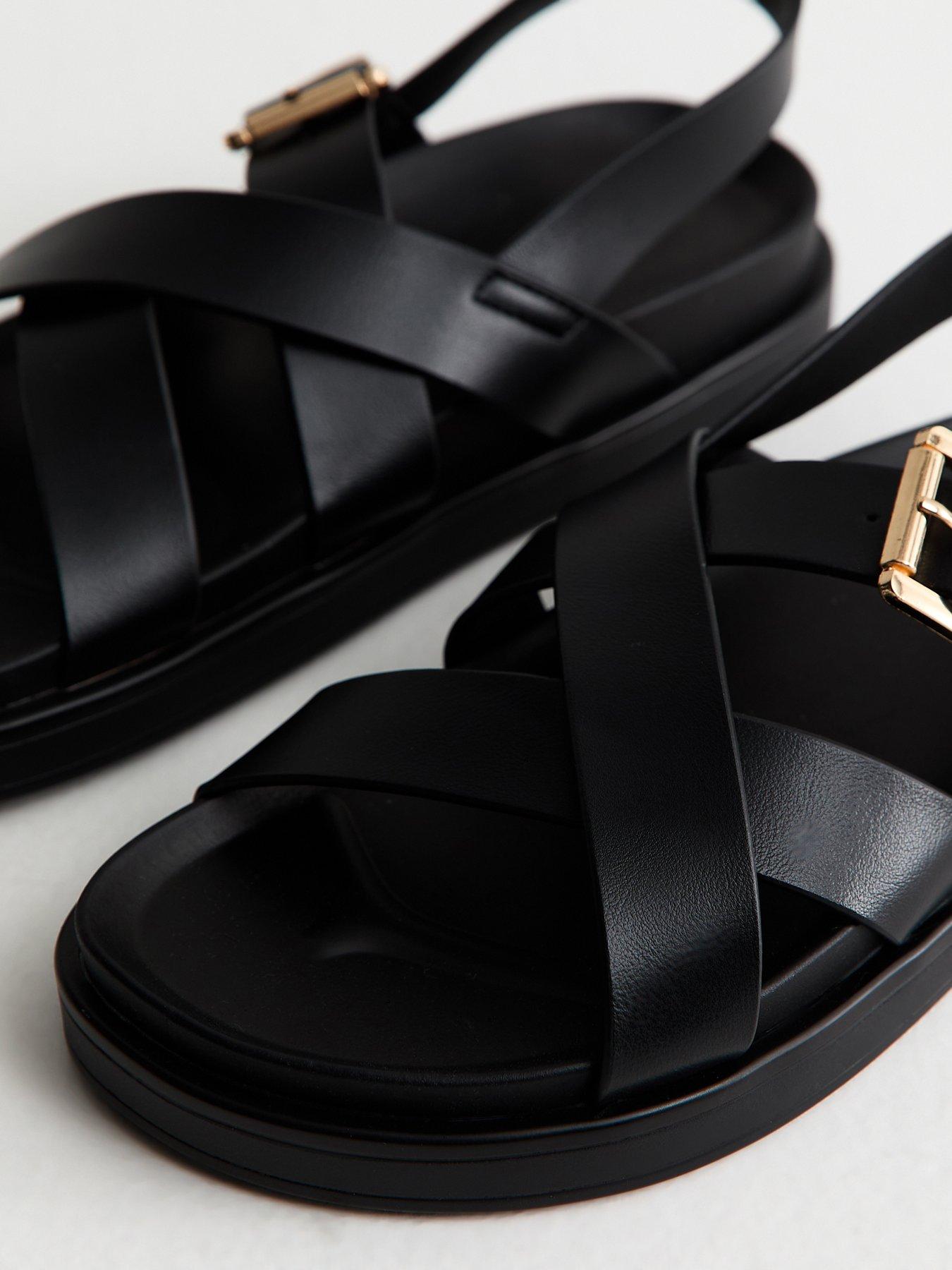 Image 4 of 5 of New Look Faux Leather Multi Strap Chunky Flat Sandals - Black
