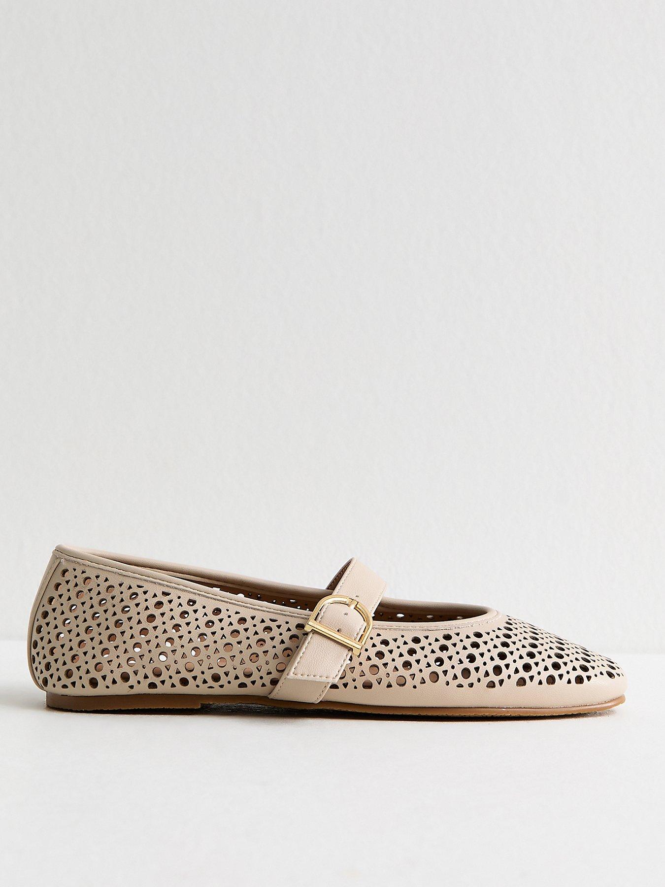 Image 1 of 4 of New Look Off Faux Leather Lazor Cut Mary Jane Shoes - White
