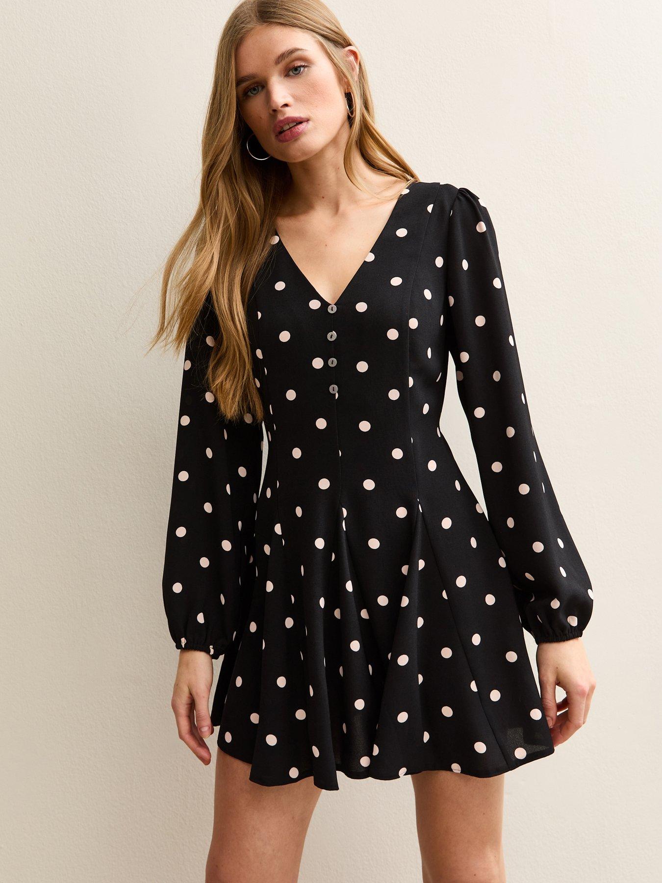 Image 1 of 5 of New Look Back Polka Dot Long Sleeve Mini Dress