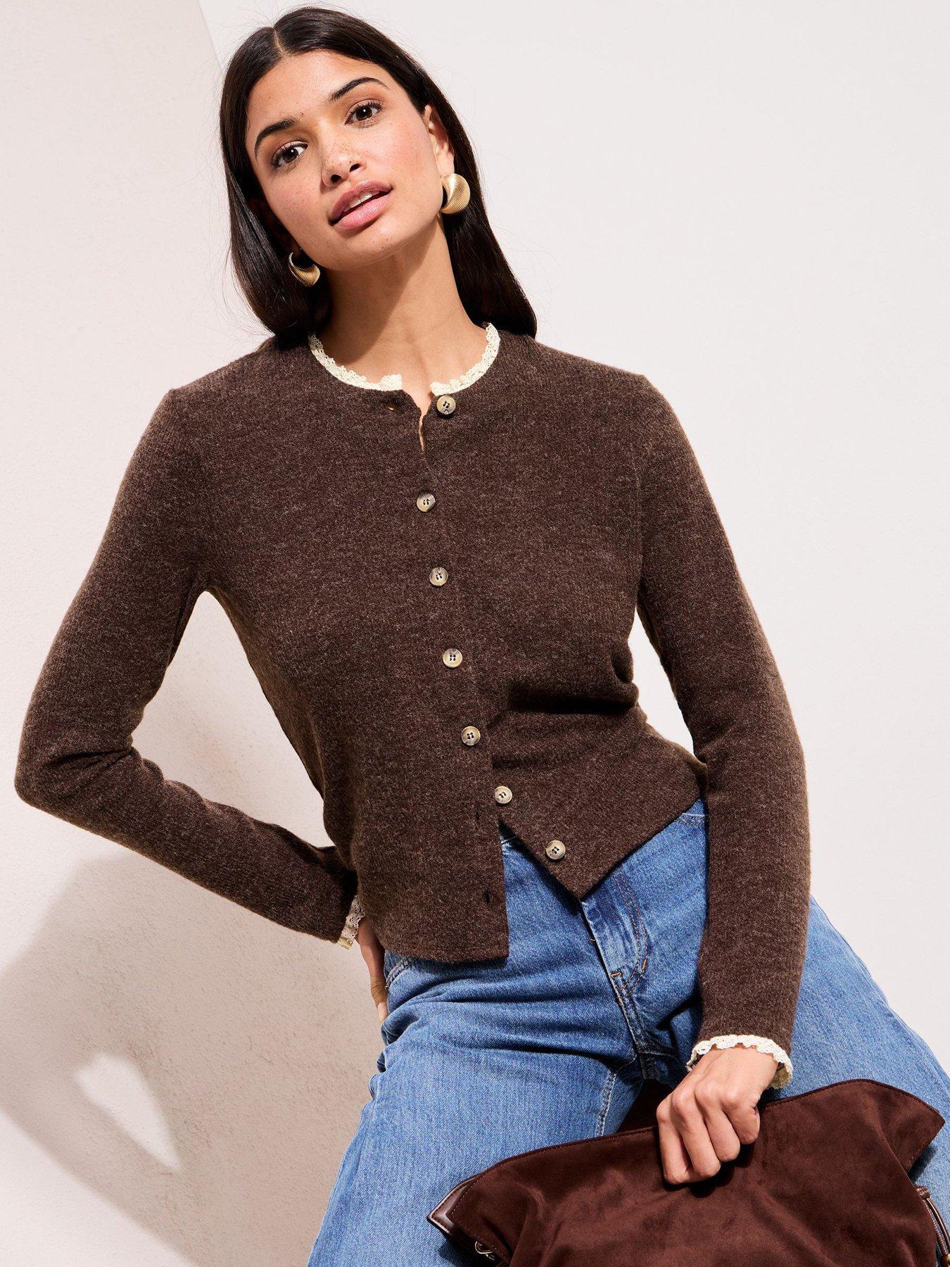 Friends Like These Lace Trim Cosy Cardigan - Brown