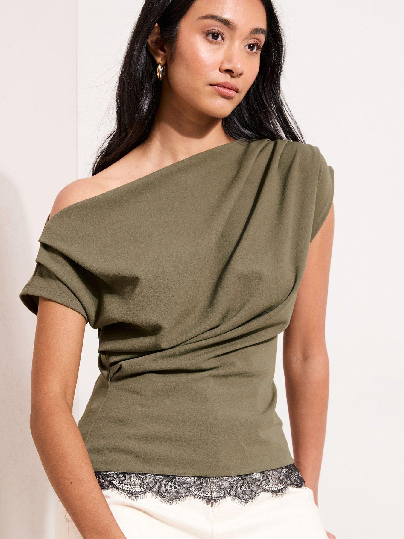 Friends Like These Off The Shoulder Lace Hem Top - Green