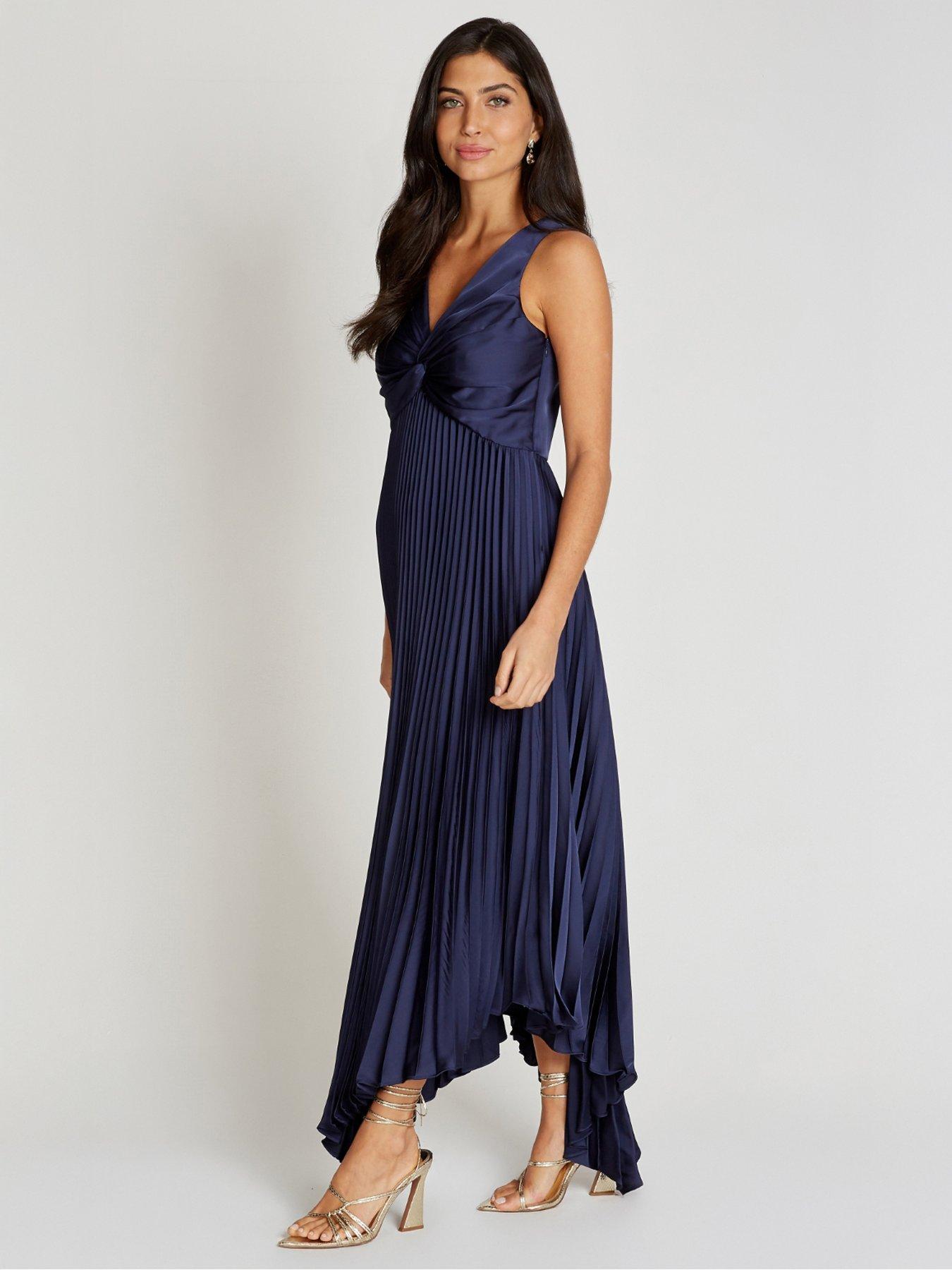 Little Mistress Satin Pleated Midaxi Dress - Navy | Very
