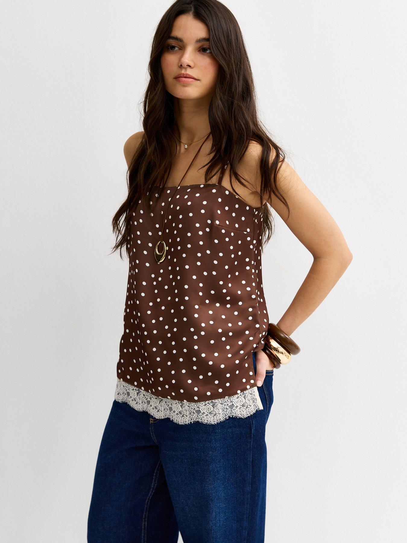 New Look Satin Polka Dot Lace Hem Cami Top - Brown