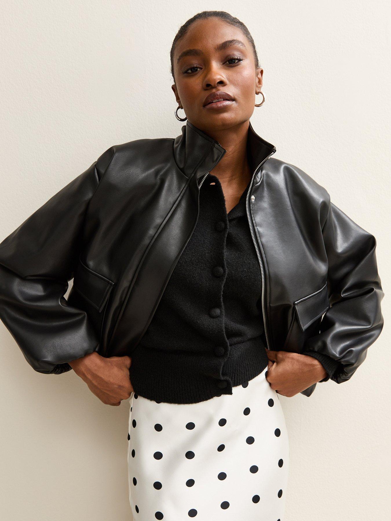 New Look Funnel Neck Faux Leather Bomber Jacket - Black