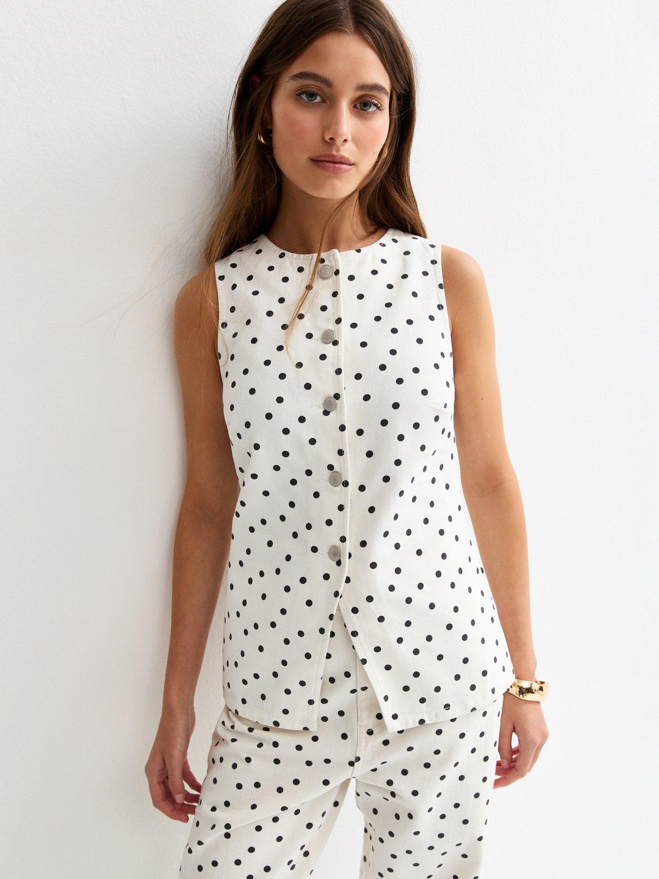 New Look Denim Polka Dot Longline Waistcoat - White
