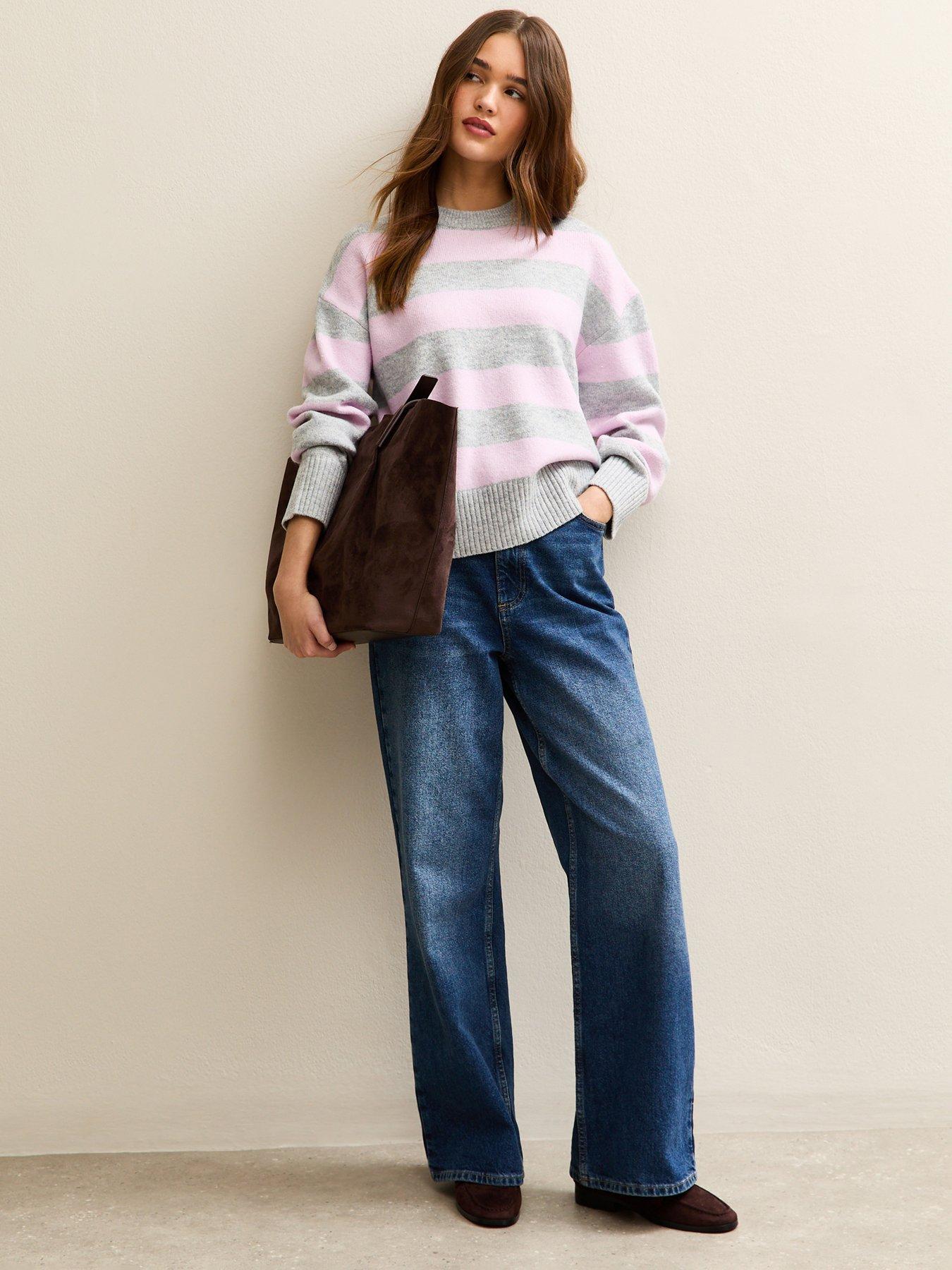 Image 3 of 6 of New Look Striped Midweight Jumper - Light Grey/Purple