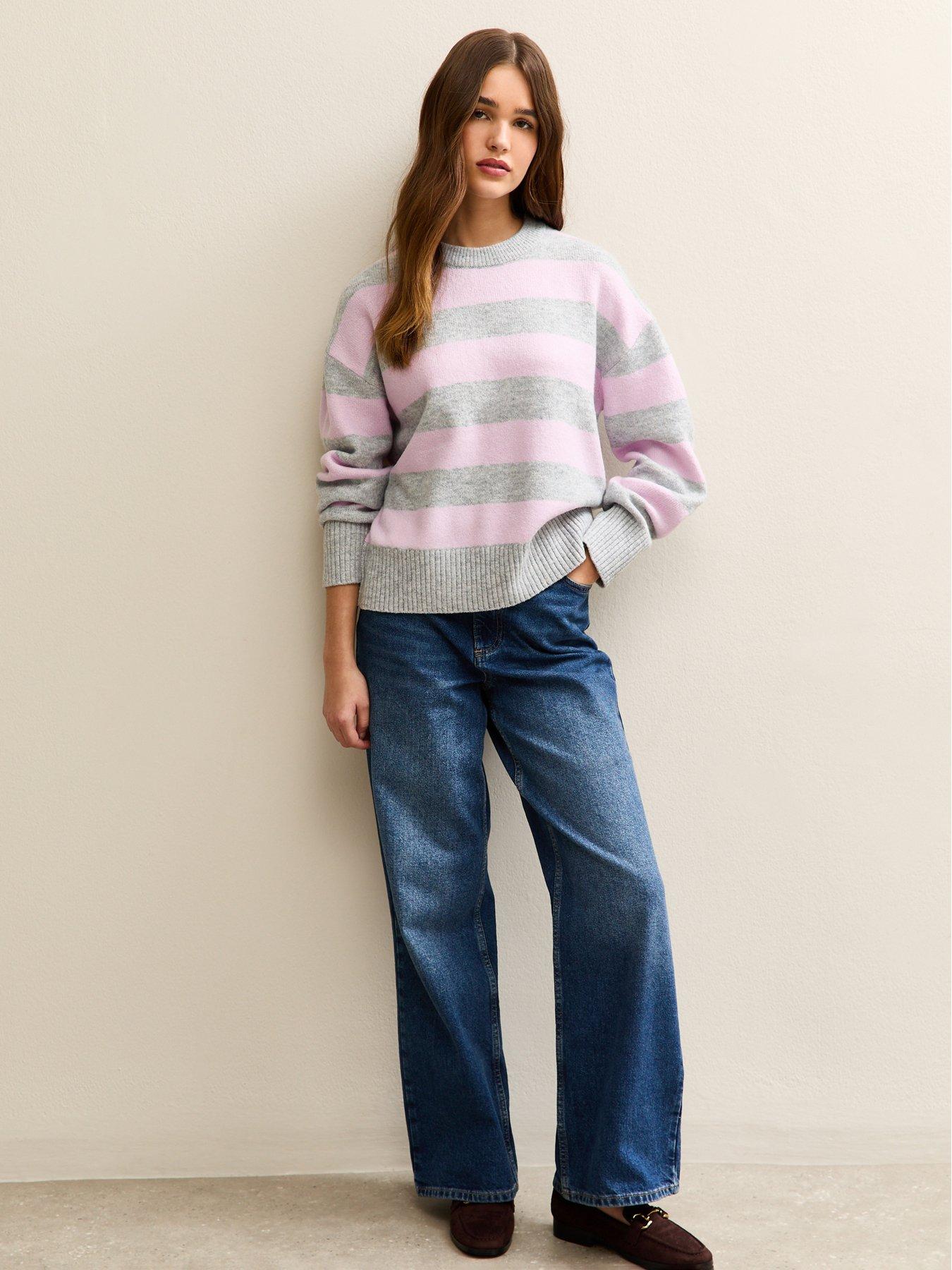 Image 4 of 6 of New Look Striped Midweight Jumper - Light Grey/Purple