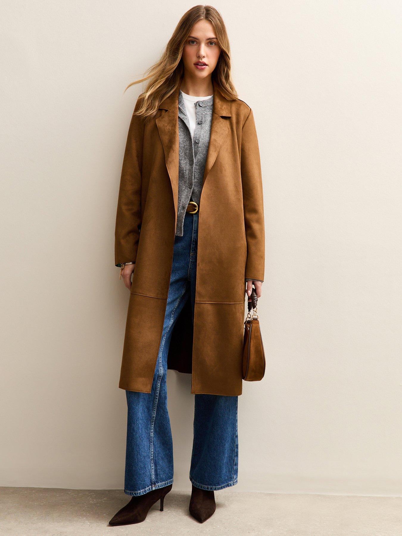 New Look Faux Suede Belted Duster Coat - Tan Brown