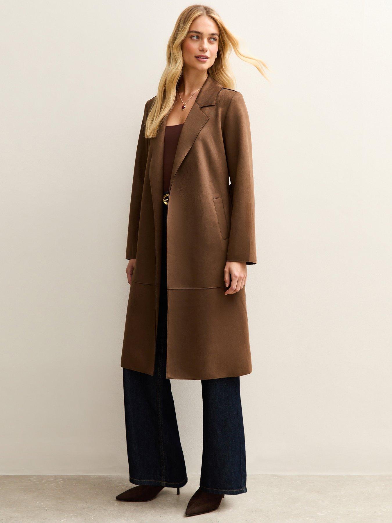New Look Faux Suede Belted Duster Coat - Dark Brown