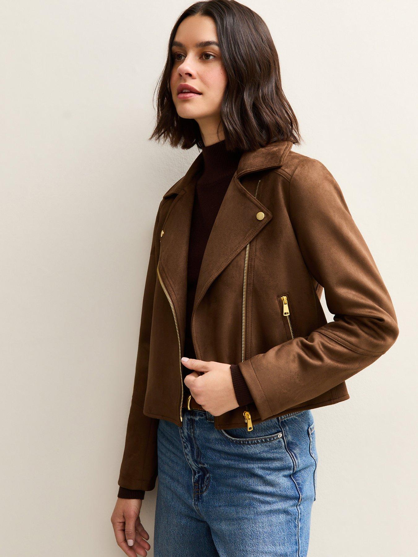 New Look Faux Suede Biker Jacket - Mid Brown