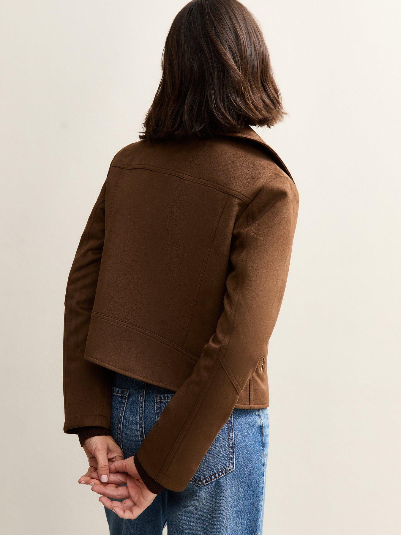 Image 2 of 6 of New Look Faux Suede Biker Jacket - Mid Brown