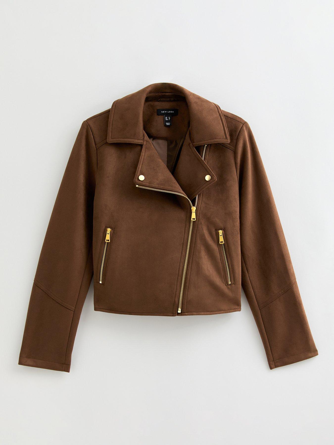 Image 5 of 6 of New Look Faux Suede Biker Jacket - Mid Brown