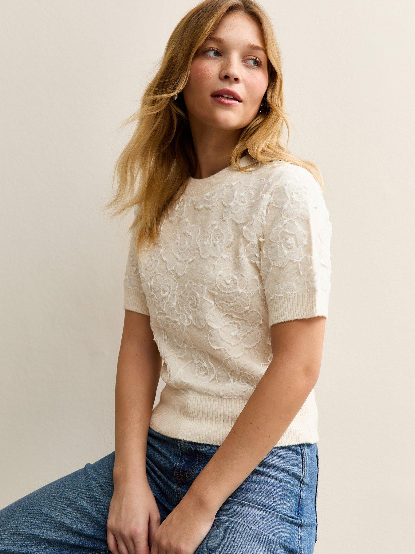 New Look Lace Midweight Knit Top - Cream