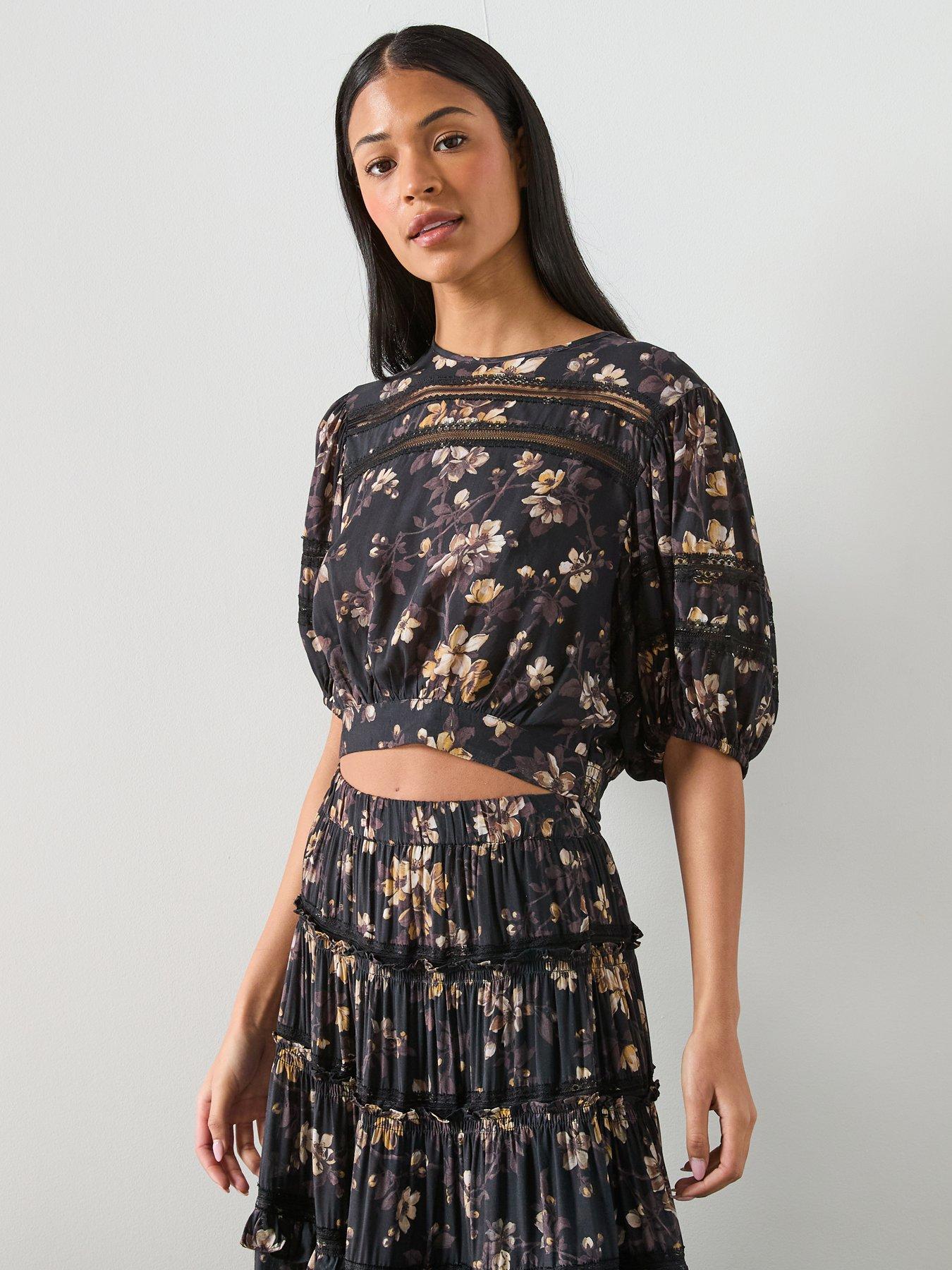 AllSaints: Peony Lace Trim Cropped Top - Vine Black