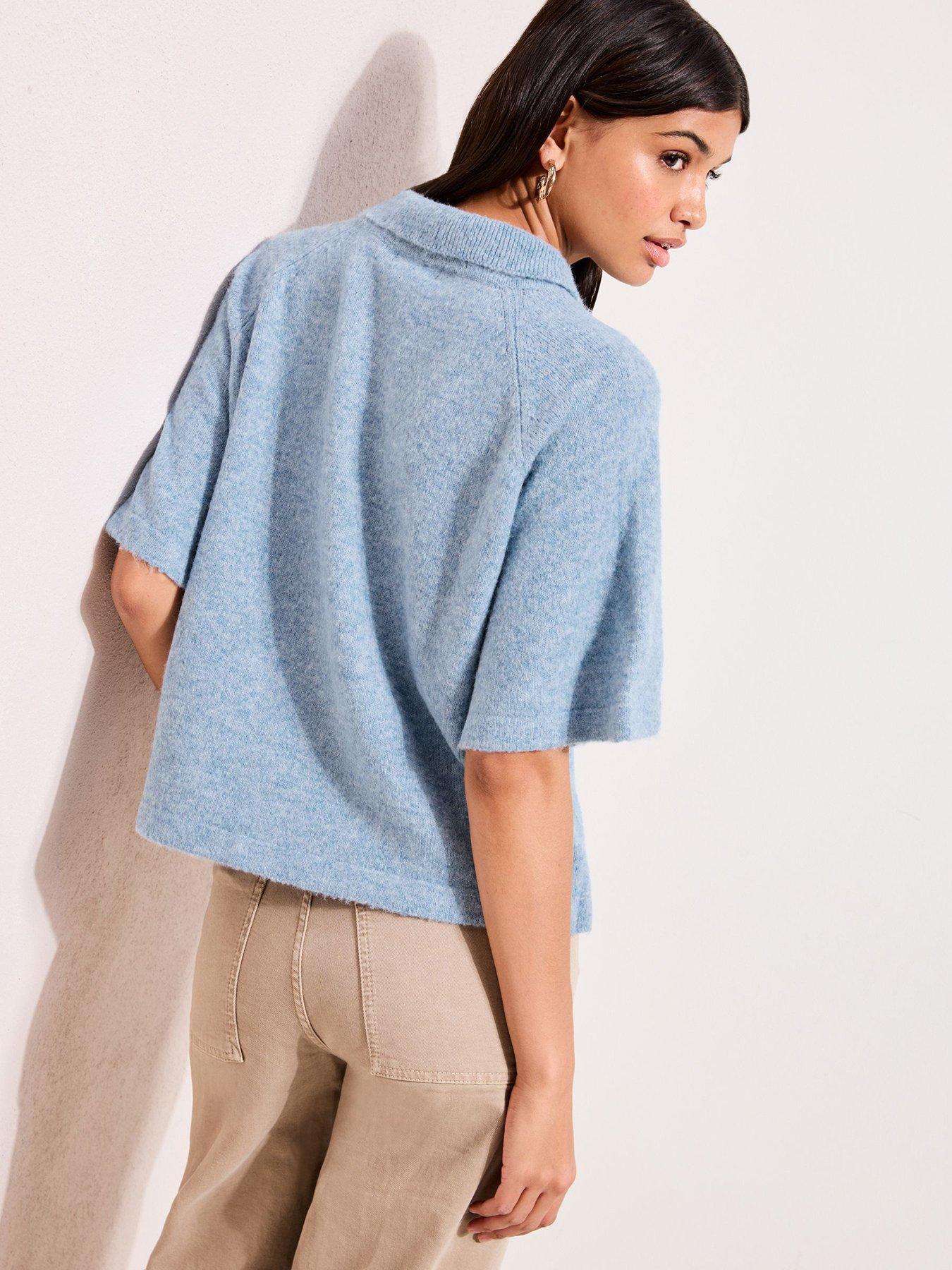Image 2 of 4 of Friends Like These Short Sleeve Collar Detail Knitted Jumper - Blue