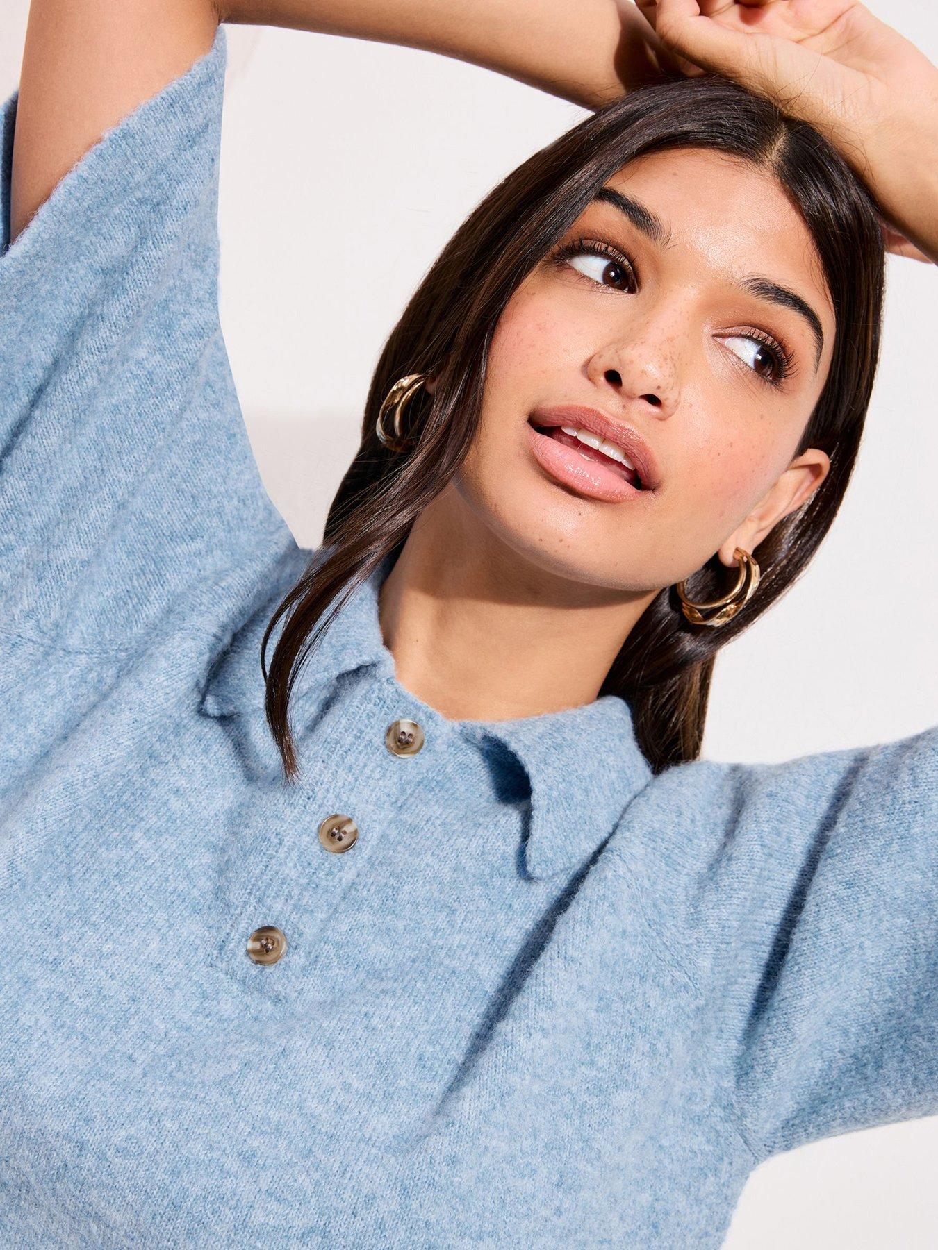 Image 4 of 4 of Friends Like These Short Sleeve Collar Detail Knitted Jumper - Blue