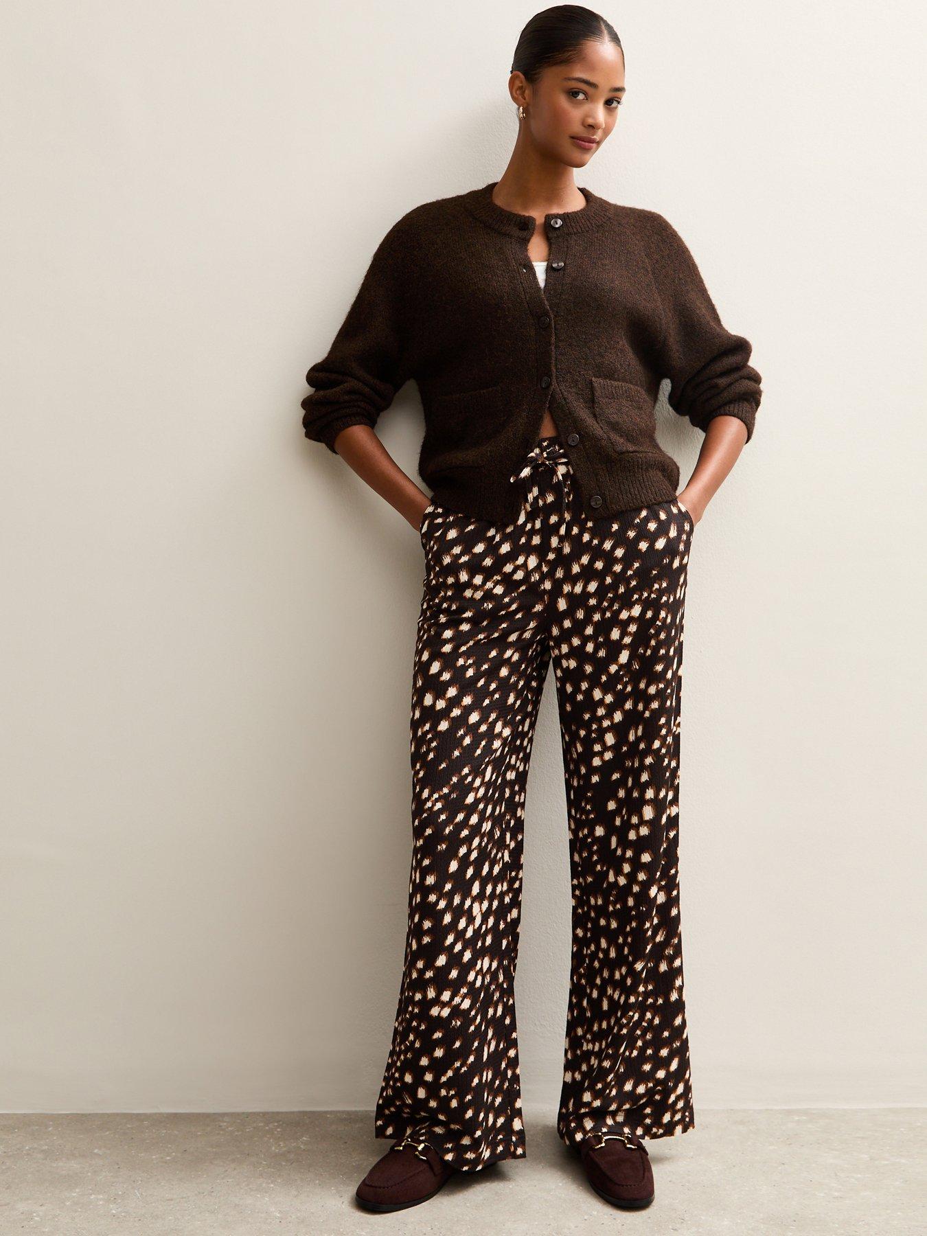 New Look Abstract Print Textured Wide Leg Trousers - Brown