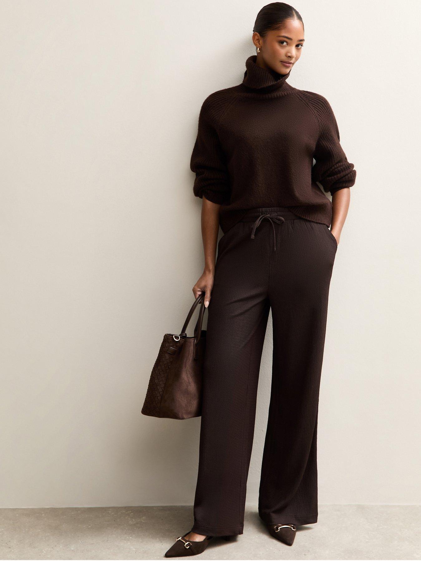 New Look Textured Wide Leg Trousers - Dark Brown