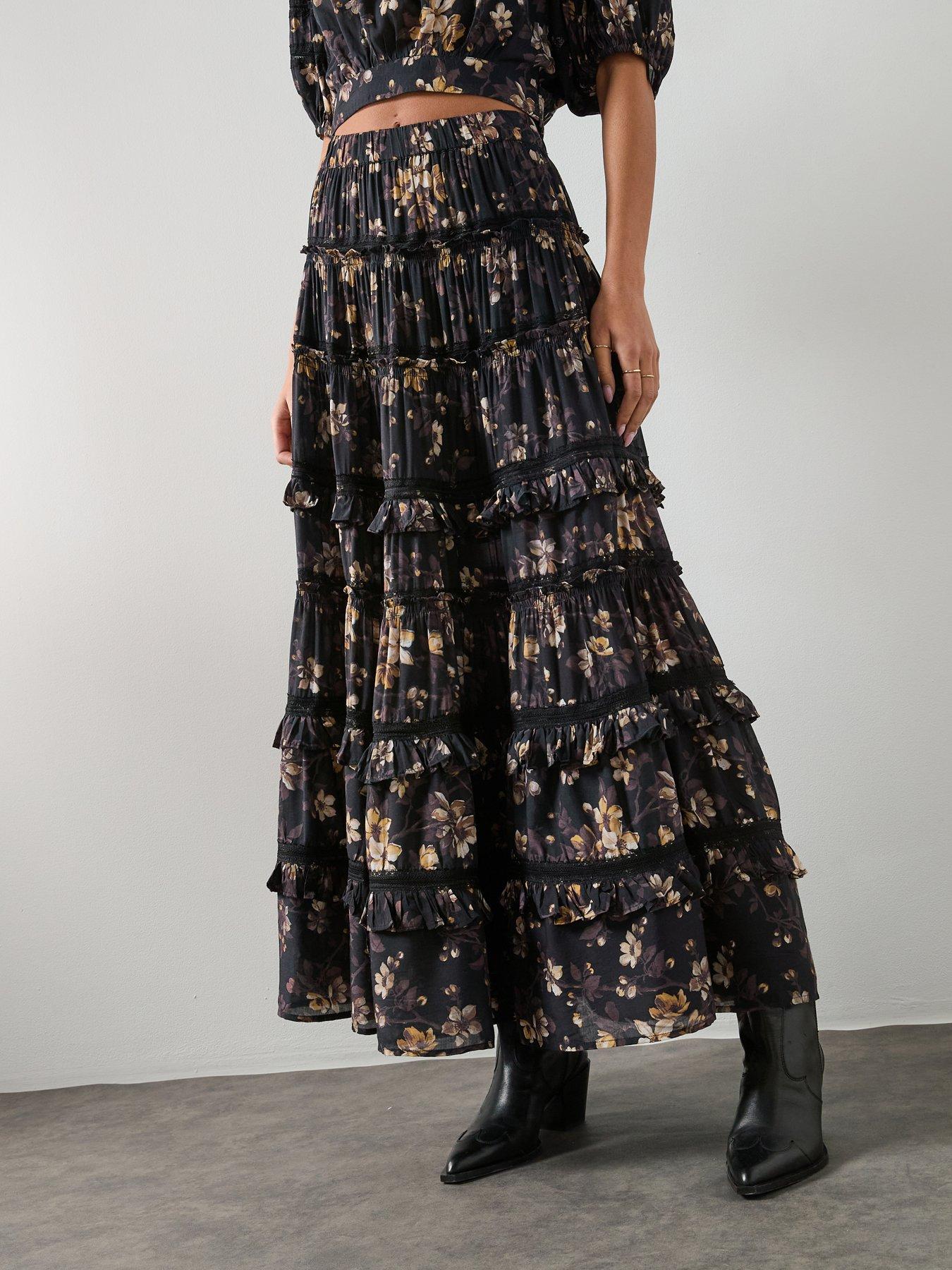 AllSaints - Talia - Jupe longue à fleurs et volants étagés - Noir