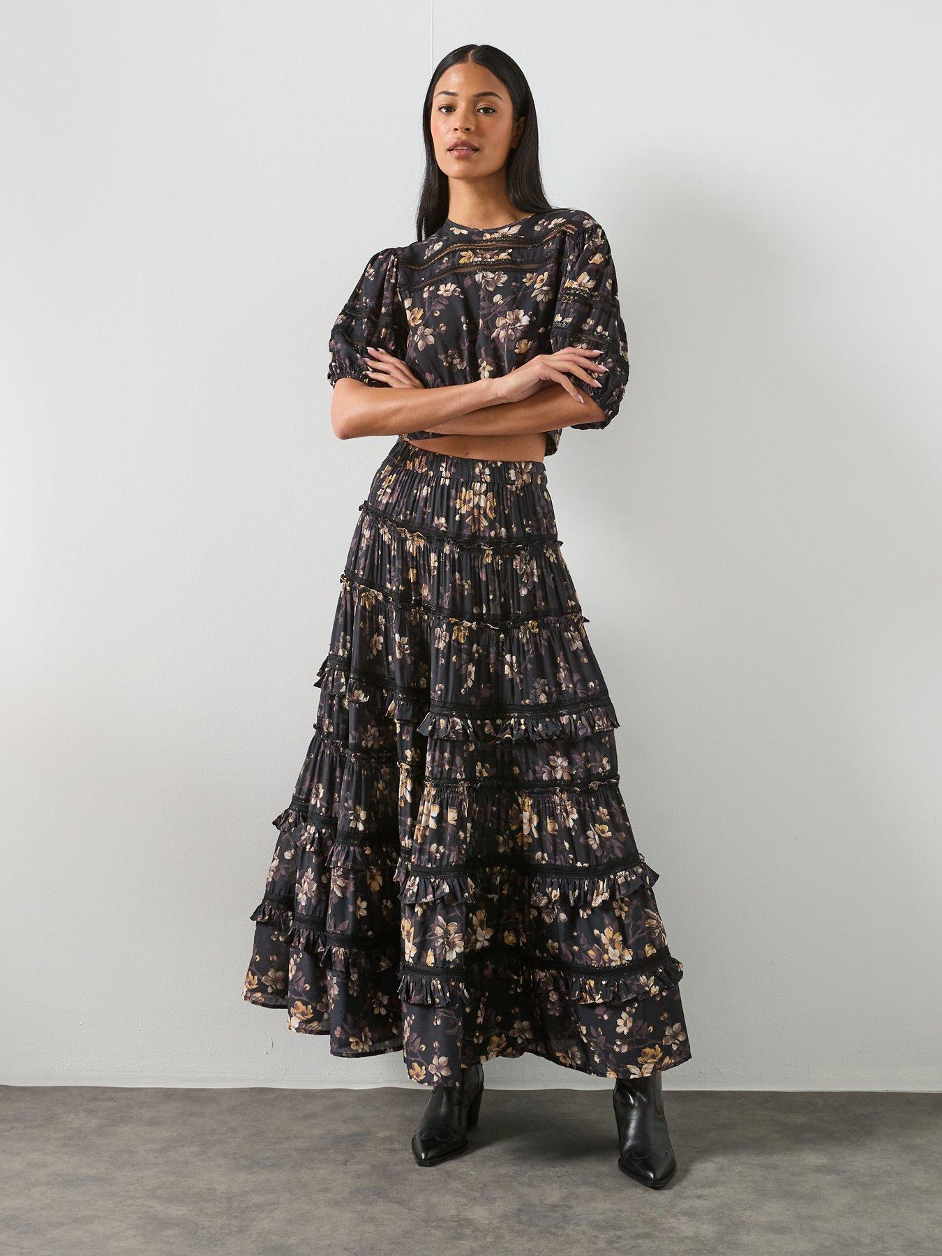 AllSaints Talia Floral Print Tiered Midi Skirt - Vine Black | Very